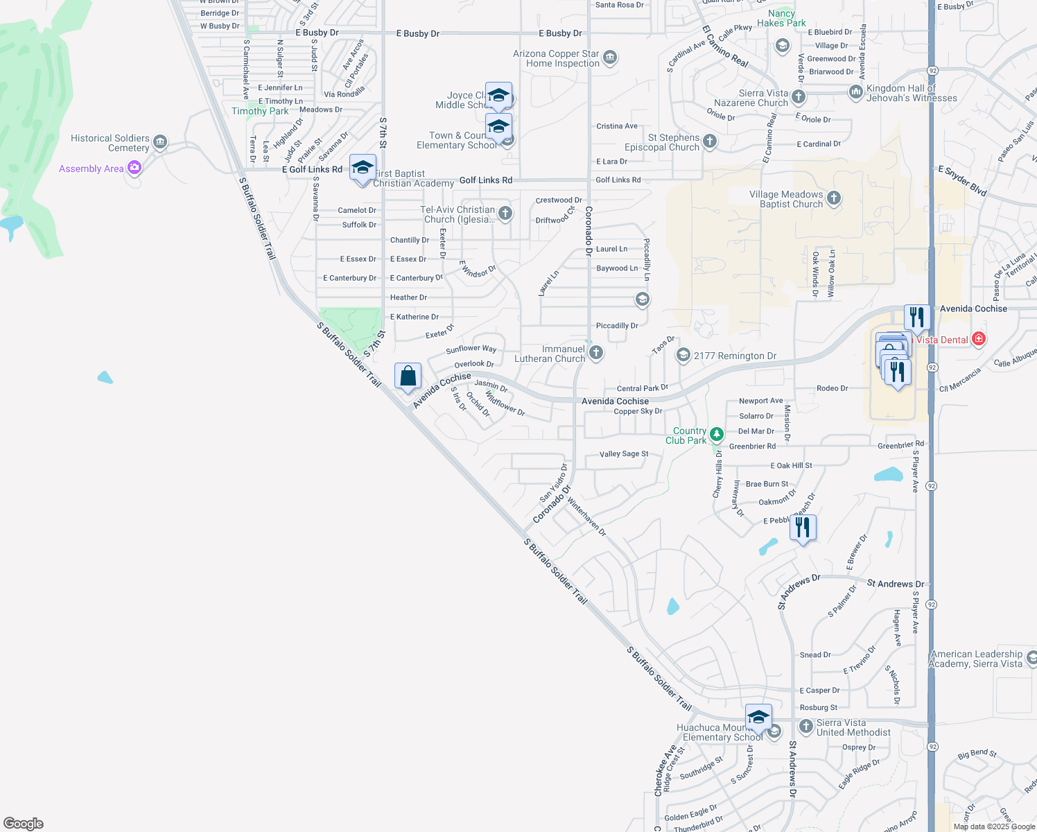 map of restaurants, bars, coffee shops, grocery stores, and more near 1600 Wildflower Drive in Sierra Vista