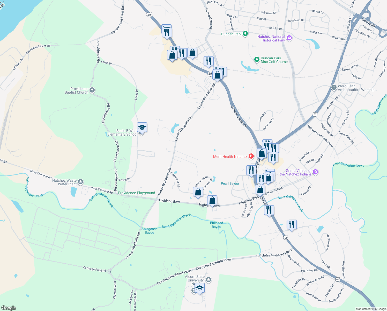map of restaurants, bars, coffee shops, grocery stores, and more near 119 Gloucester Road in Natchez