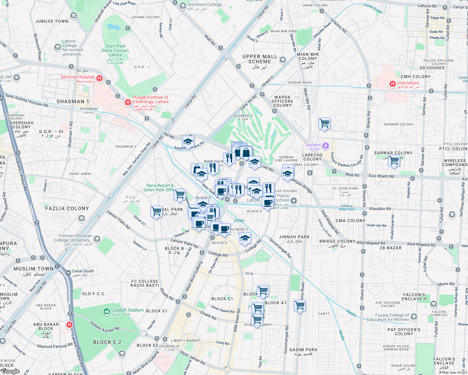 map of restaurants, bars, coffee shops, grocery stores, and more near Main Boulevard Gulberg in Lahore