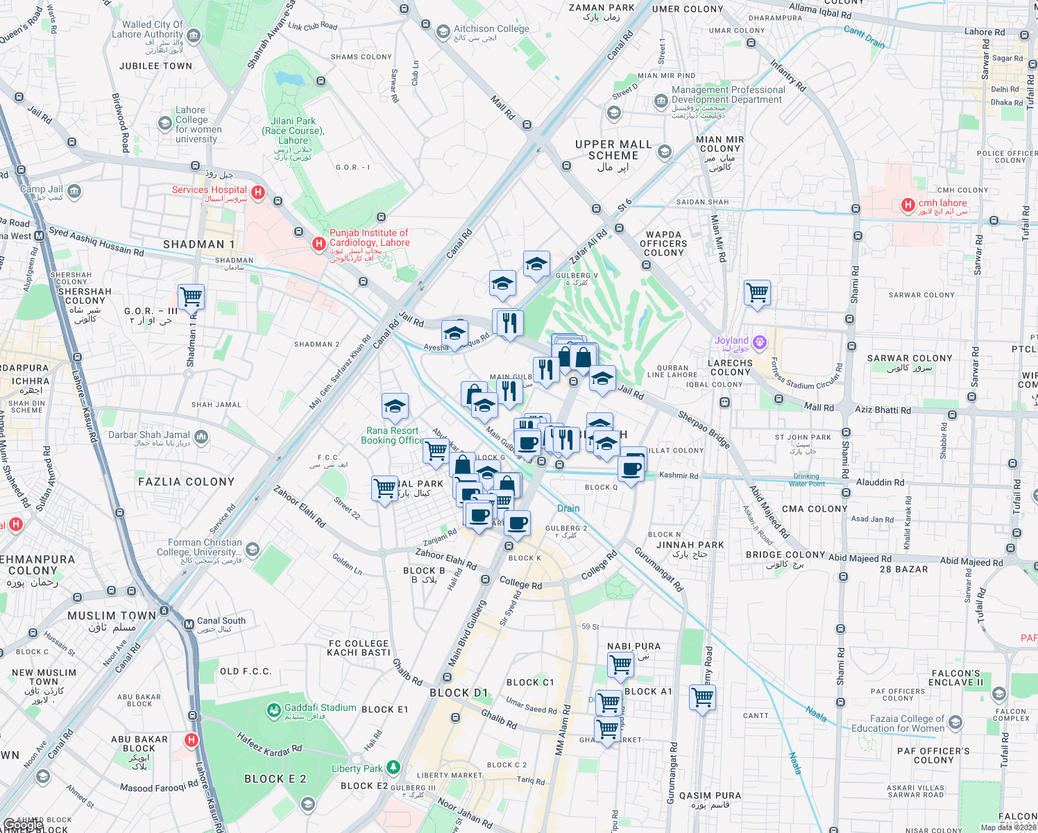 map of restaurants, bars, coffee shops, grocery stores, and more near Main Boulevard Gulberg in Lahore