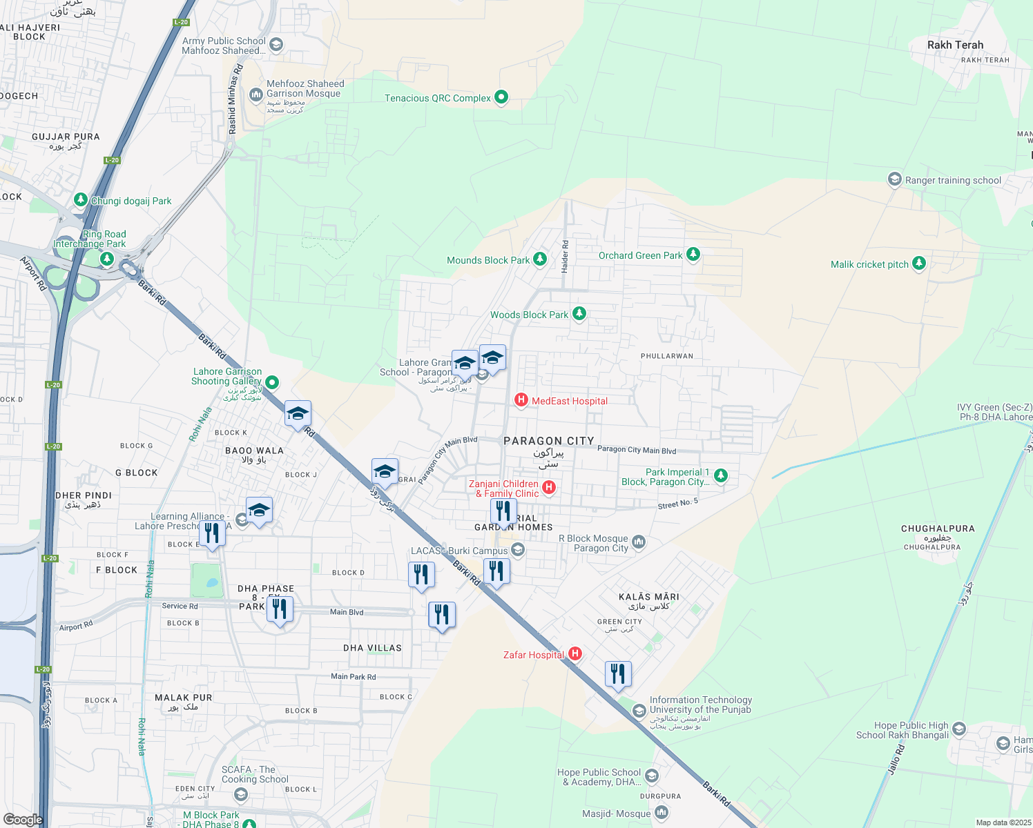map of restaurants, bars, coffee shops, grocery stores, and more near in Lahore