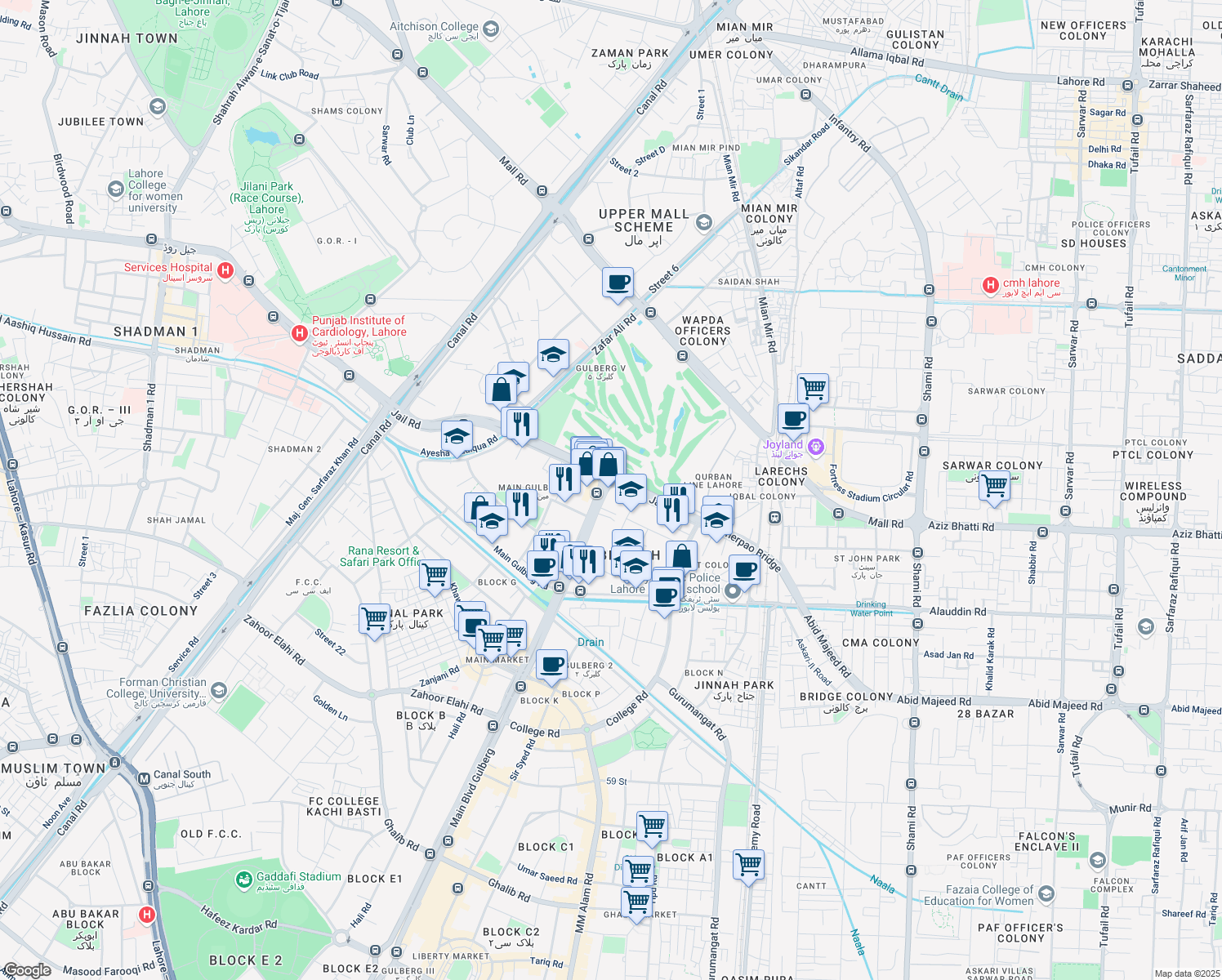 map of restaurants, bars, coffee shops, grocery stores, and more near Main Boulevard Gulberg in Lahore
