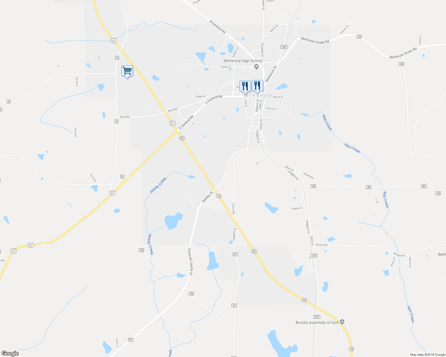 map of restaurants, bars, coffee shops, grocery stores, and more near Hartley Street in McKenzie
