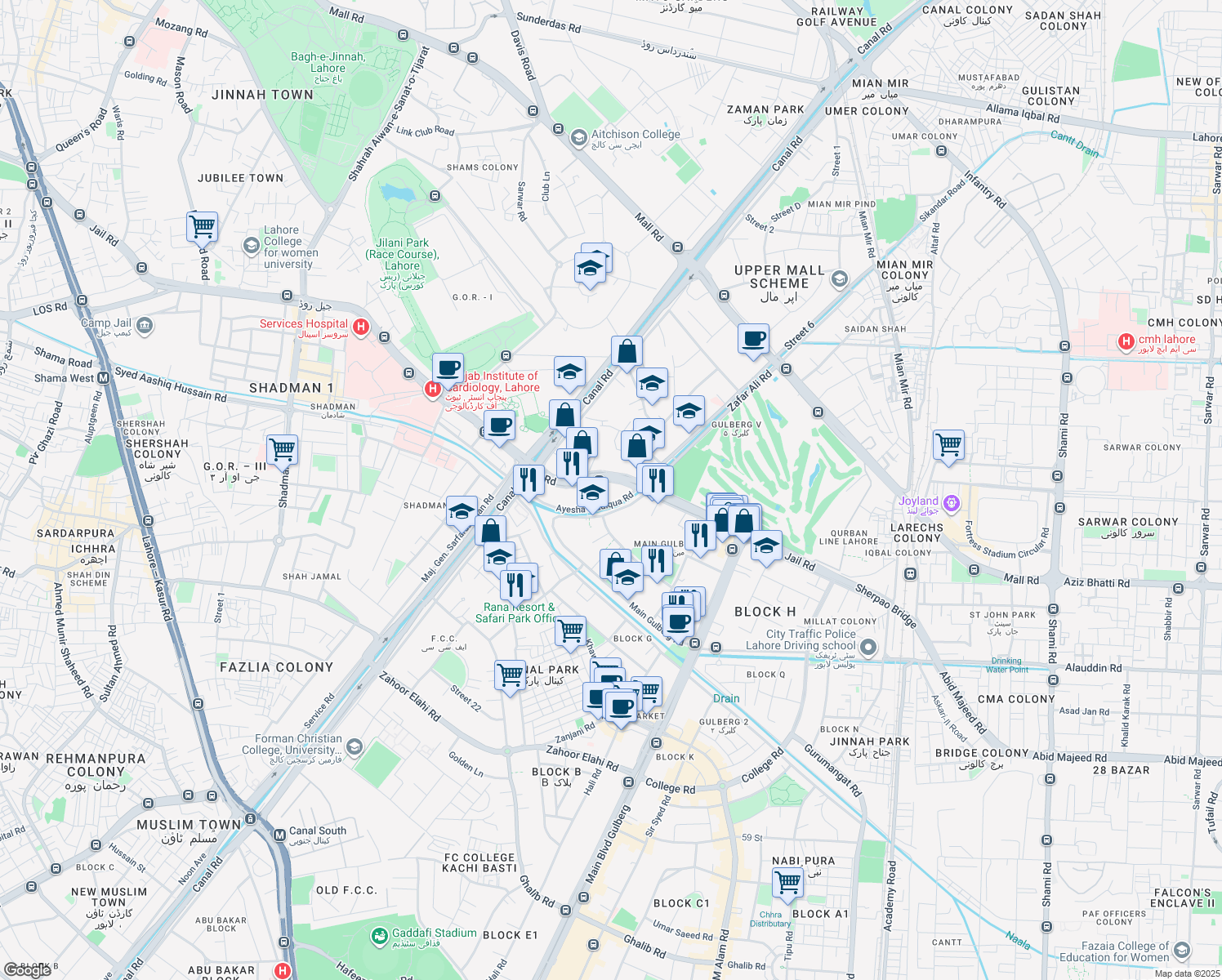 map of restaurants, bars, coffee shops, grocery stores, and more near Jail Road in Lahore