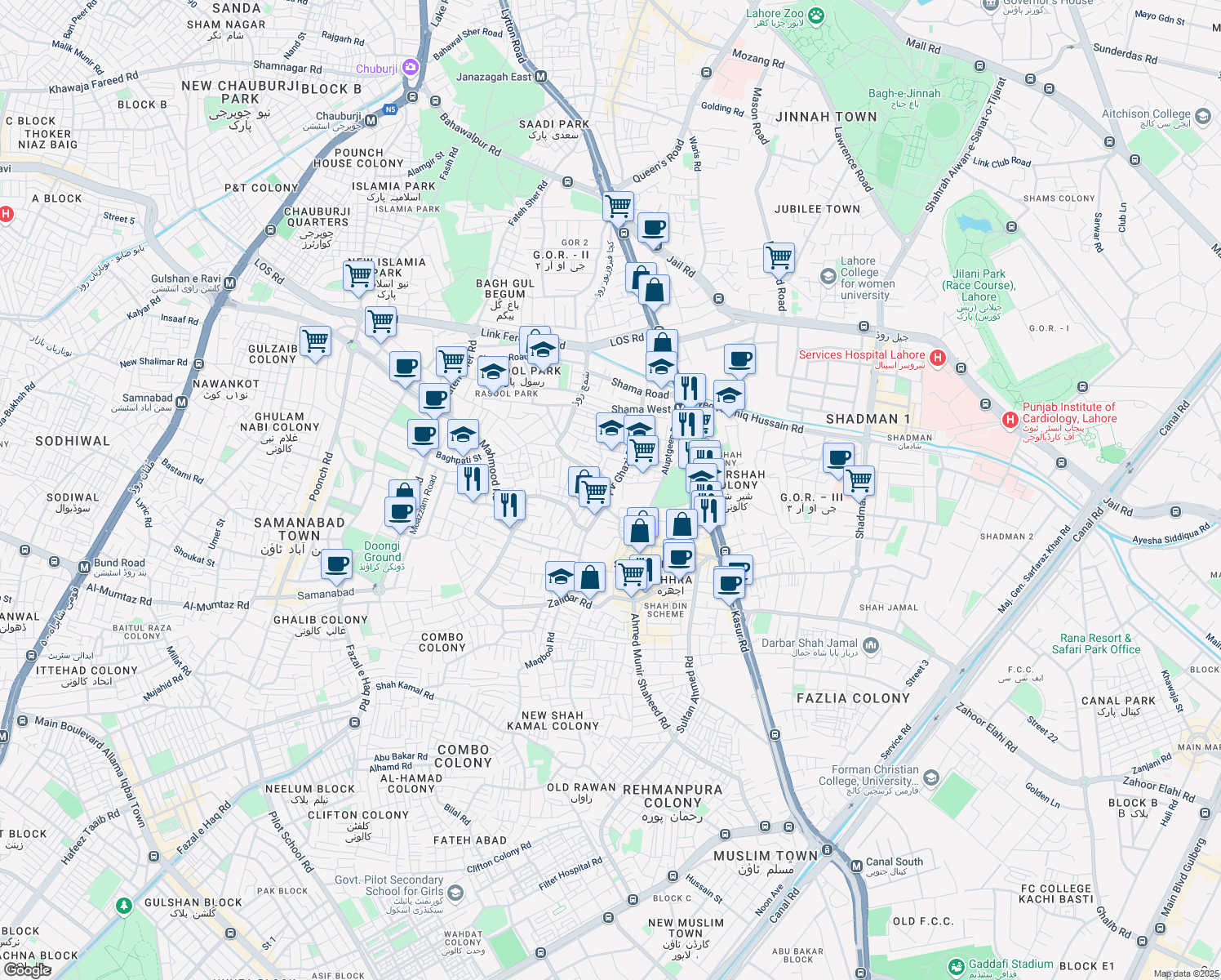 map of restaurants, bars, coffee shops, grocery stores, and more near Pir Ghazi Road in Lahore