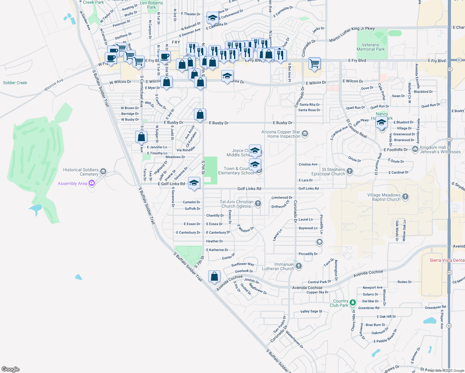 map of restaurants, bars, coffee shops, grocery stores, and more near 1901 Golf Links Road in Sierra Vista