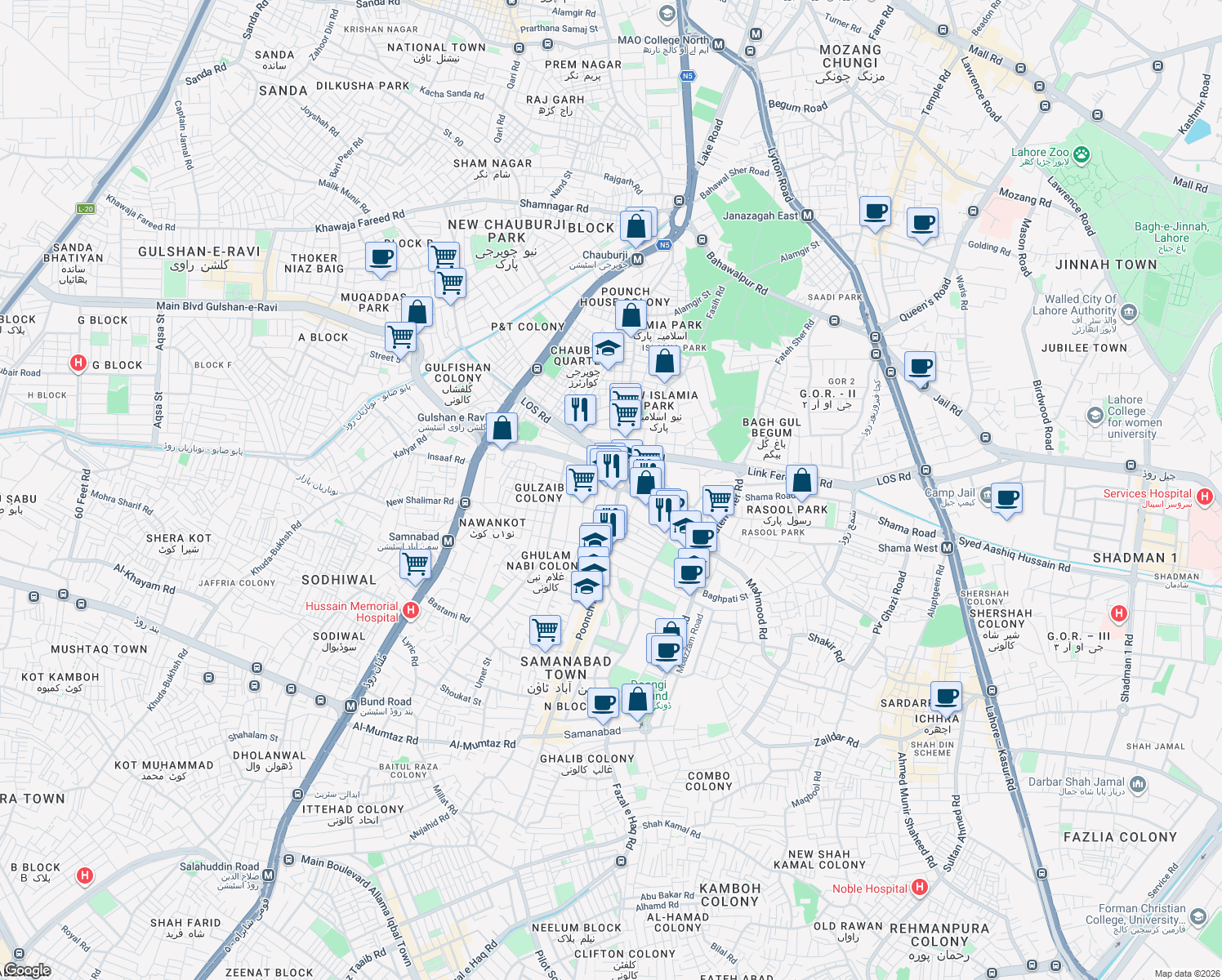 map of restaurants, bars, coffee shops, grocery stores, and more near Samanabad Main Boulevard in Lahore