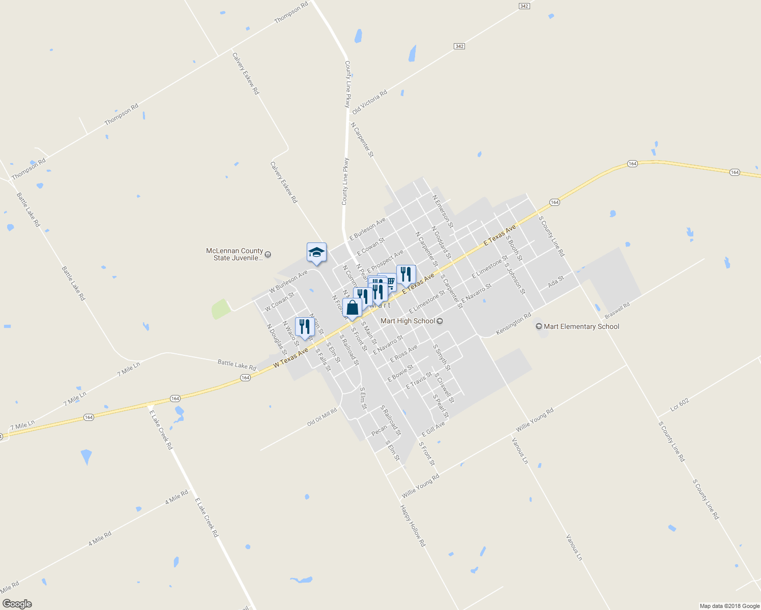 map of restaurants, bars, coffee shops, grocery stores, and more near in Mart