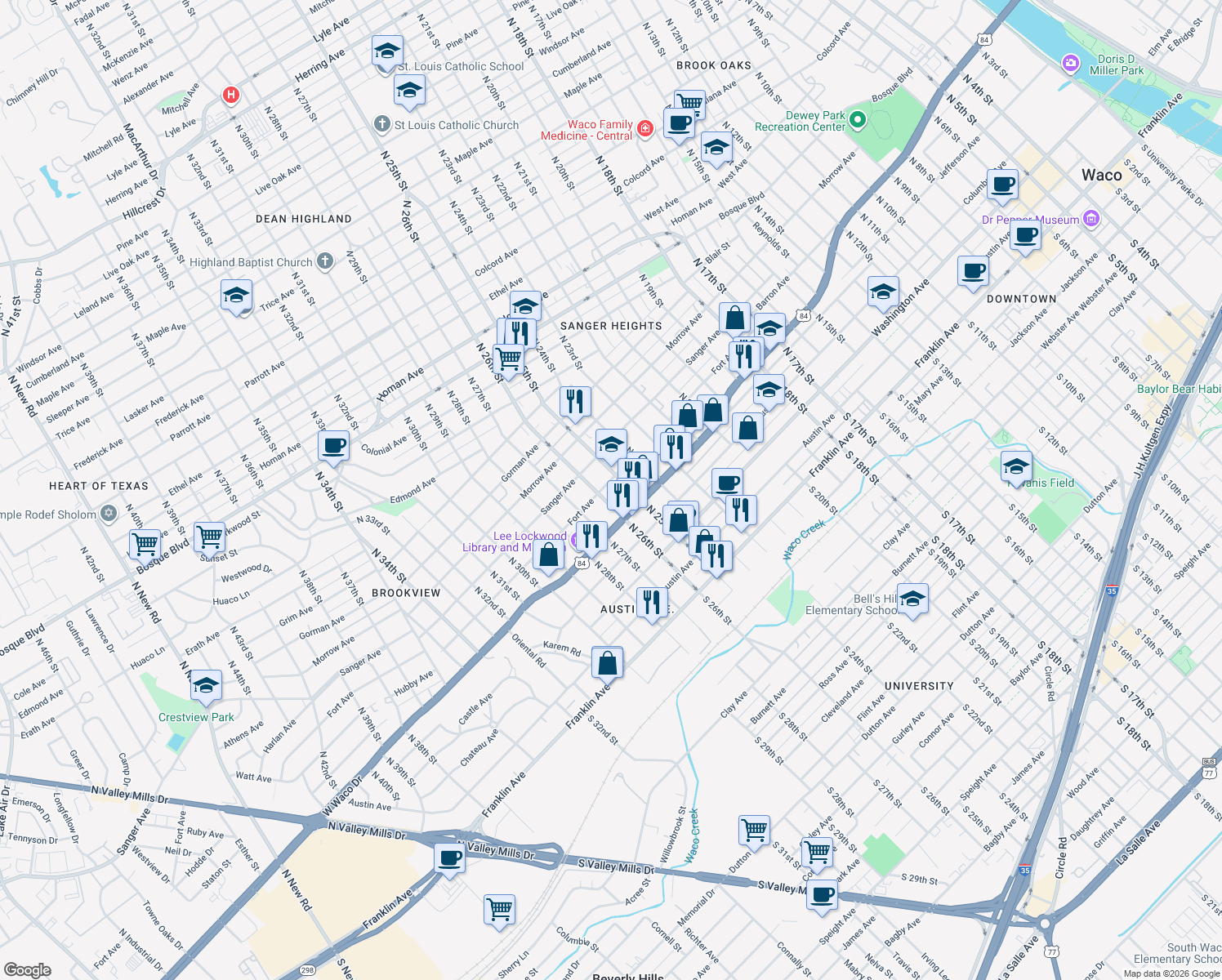map of restaurants, bars, coffee shops, grocery stores, and more near 2510 Fort Ave in Waco