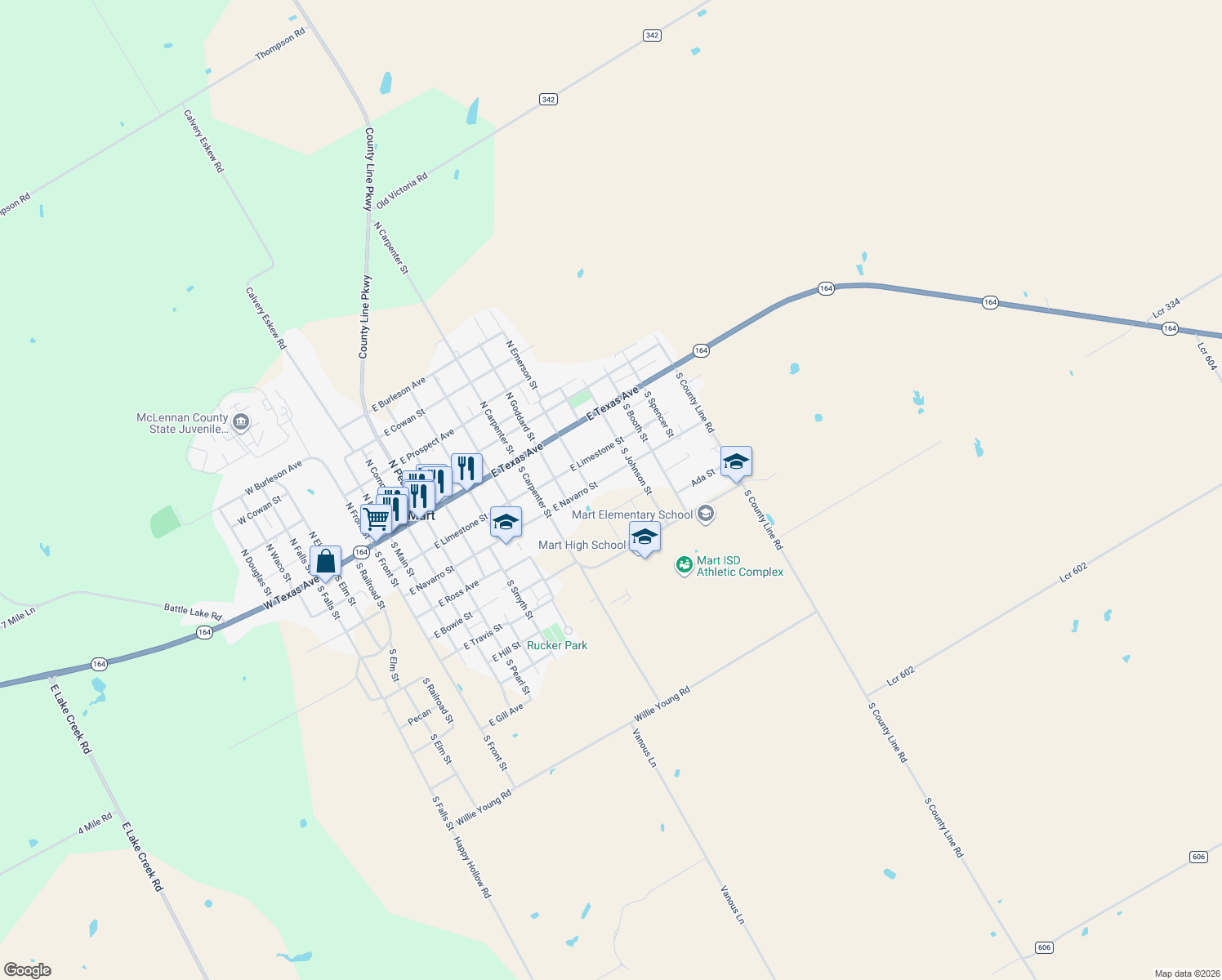 map of restaurants, bars, coffee shops, grocery stores, and more near 1116 E Navarro Ave in Mart