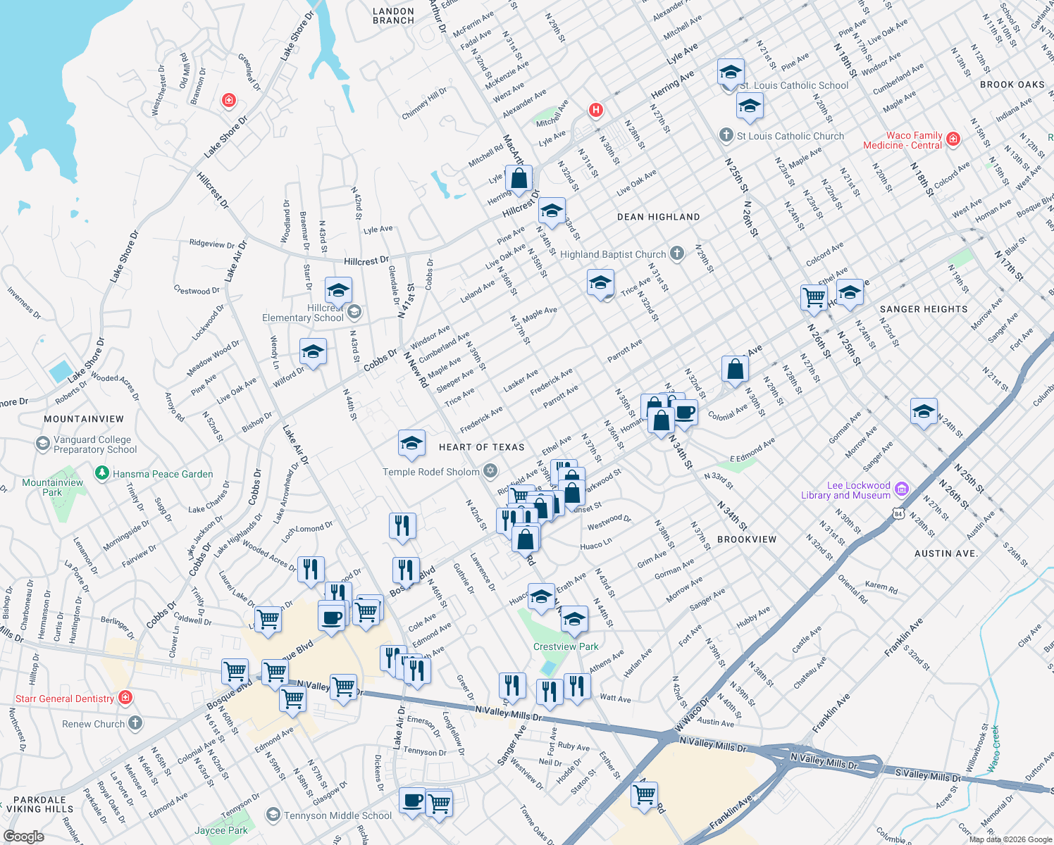 map of restaurants, bars, coffee shops, grocery stores, and more near 3820 Parrott Avenue in Waco