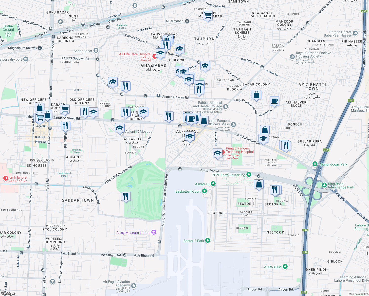 map of restaurants, bars, coffee shops, grocery stores, and more near Bahar Shah Road in Lahore