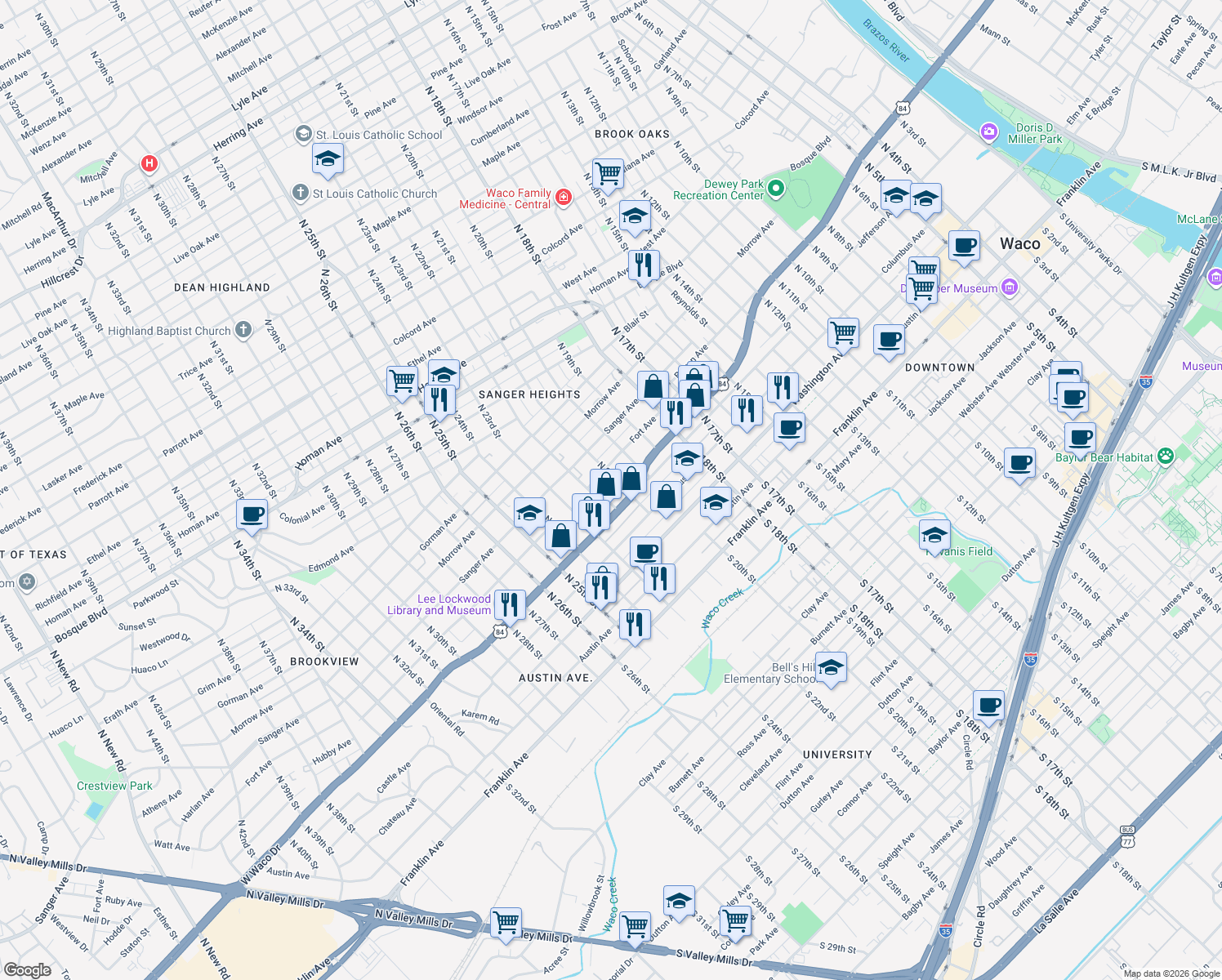 map of restaurants, bars, coffee shops, grocery stores, and more near 2115 Jefferson Ave in Waco