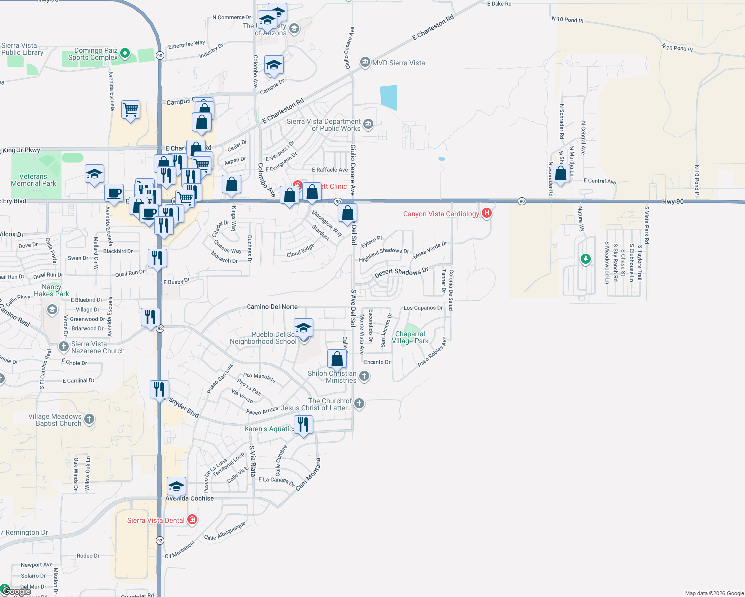 map of restaurants, bars, coffee shops, grocery stores, and more near 752 Sunset Vista Drive in Sierra Vista