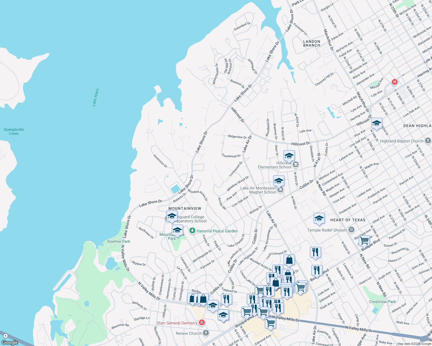 map of restaurants, bars, coffee shops, grocery stores, and more near 2700 Cedar Point Dr in Waco