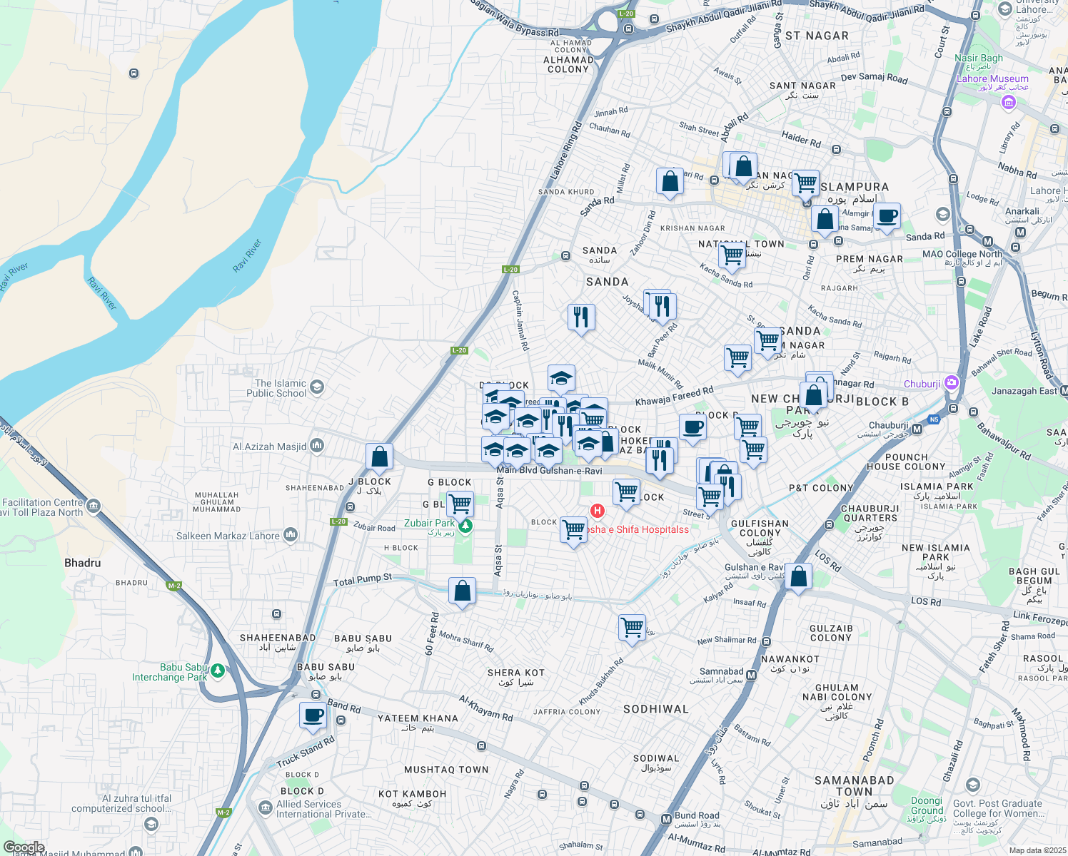 map of restaurants, bars, coffee shops, grocery stores, and more near in Lahore