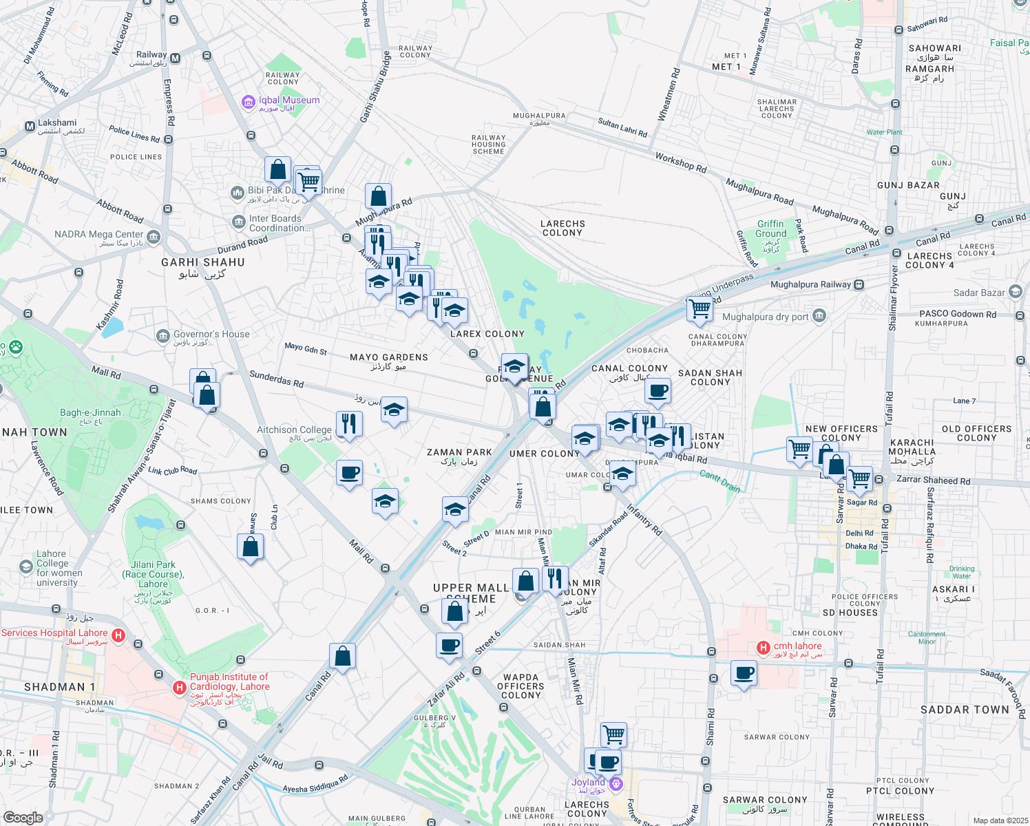 map of restaurants, bars, coffee shops, grocery stores, and more near Mayo Gardens Road in Lahore