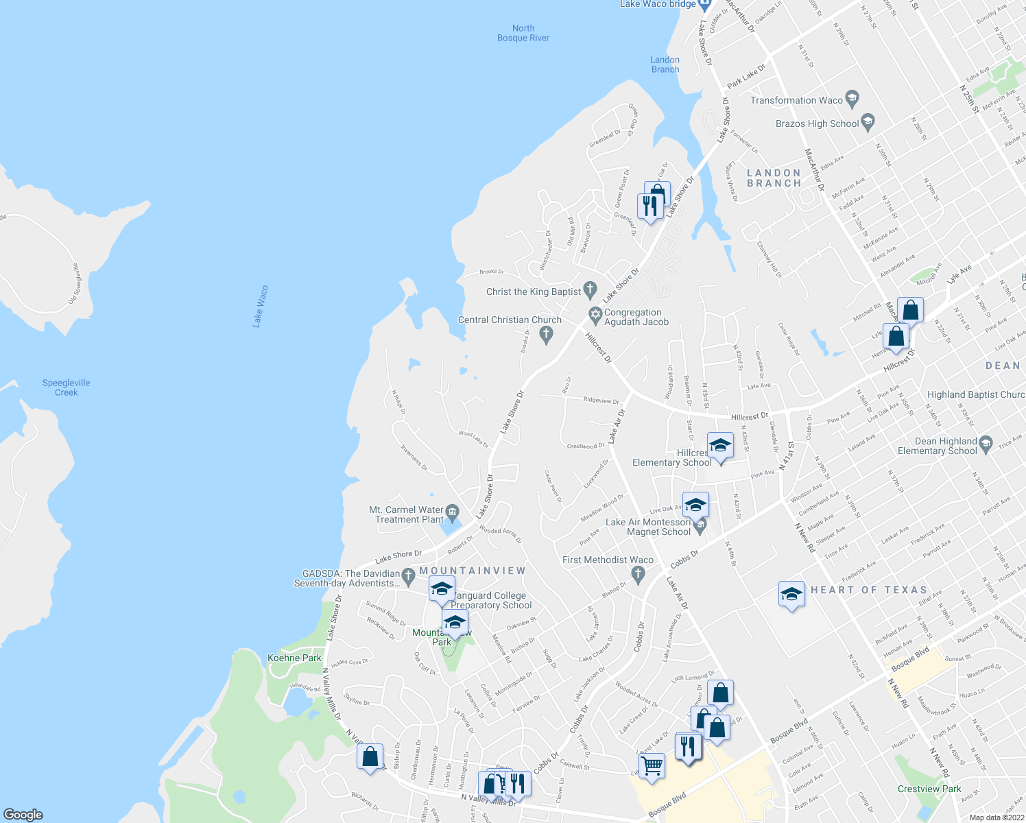 map of restaurants, bars, coffee shops, grocery stores, and more near 5004 Lake Shore Drive in Waco