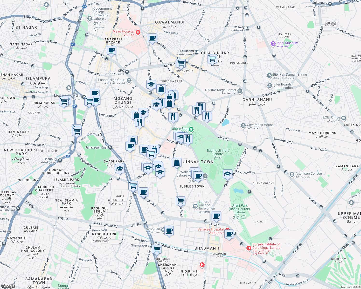 map of restaurants, bars, coffee shops, grocery stores, and more near Mason Road in Lahore