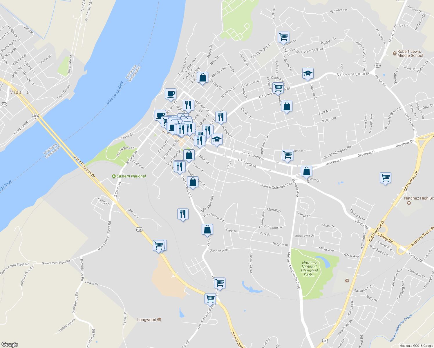 map of restaurants, bars, coffee shops, grocery stores, and more near 106 Arlington Avenue in Natchez