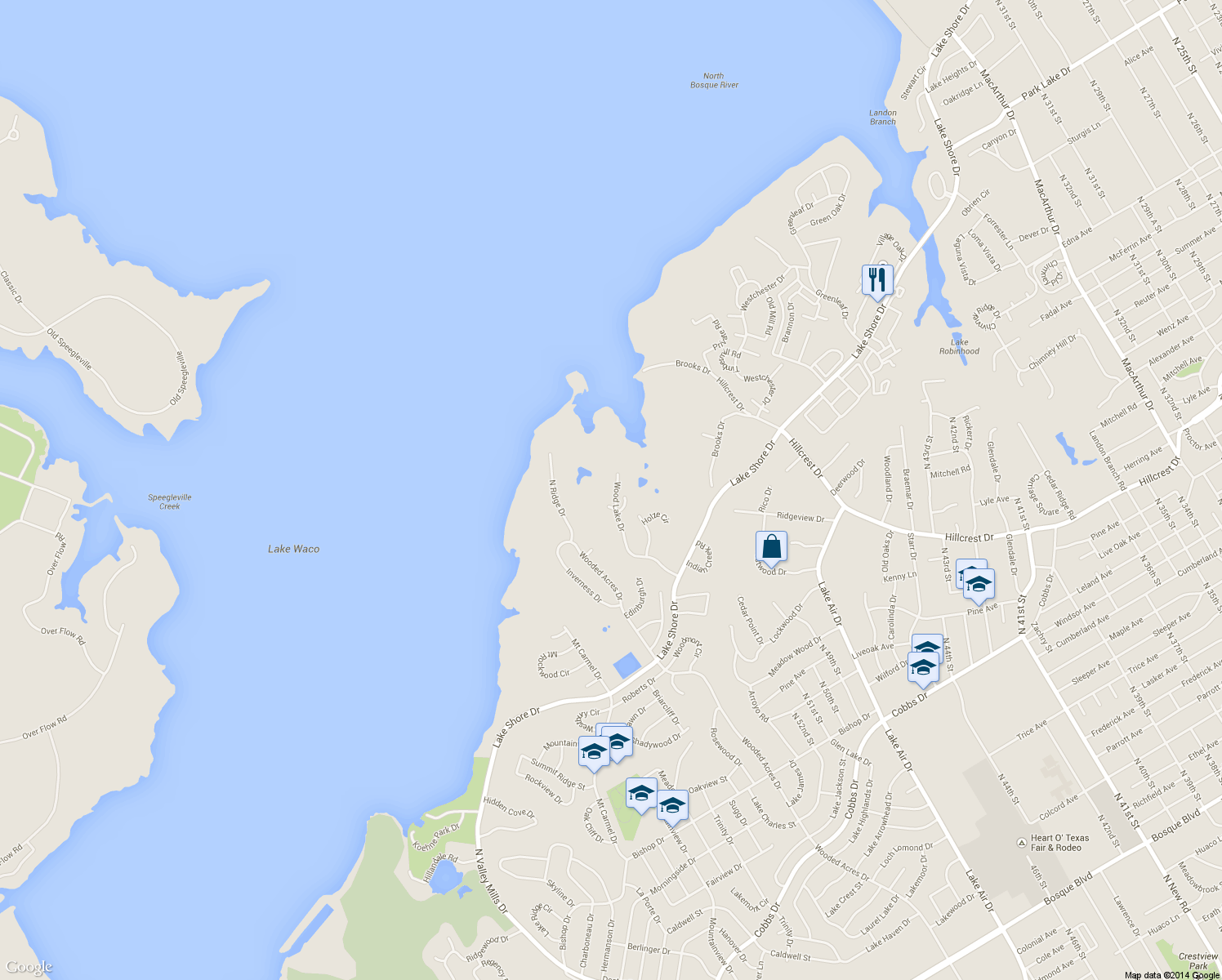map of restaurants, bars, coffee shops, grocery stores, and more near 3306 Wood Lake Drive in Waco