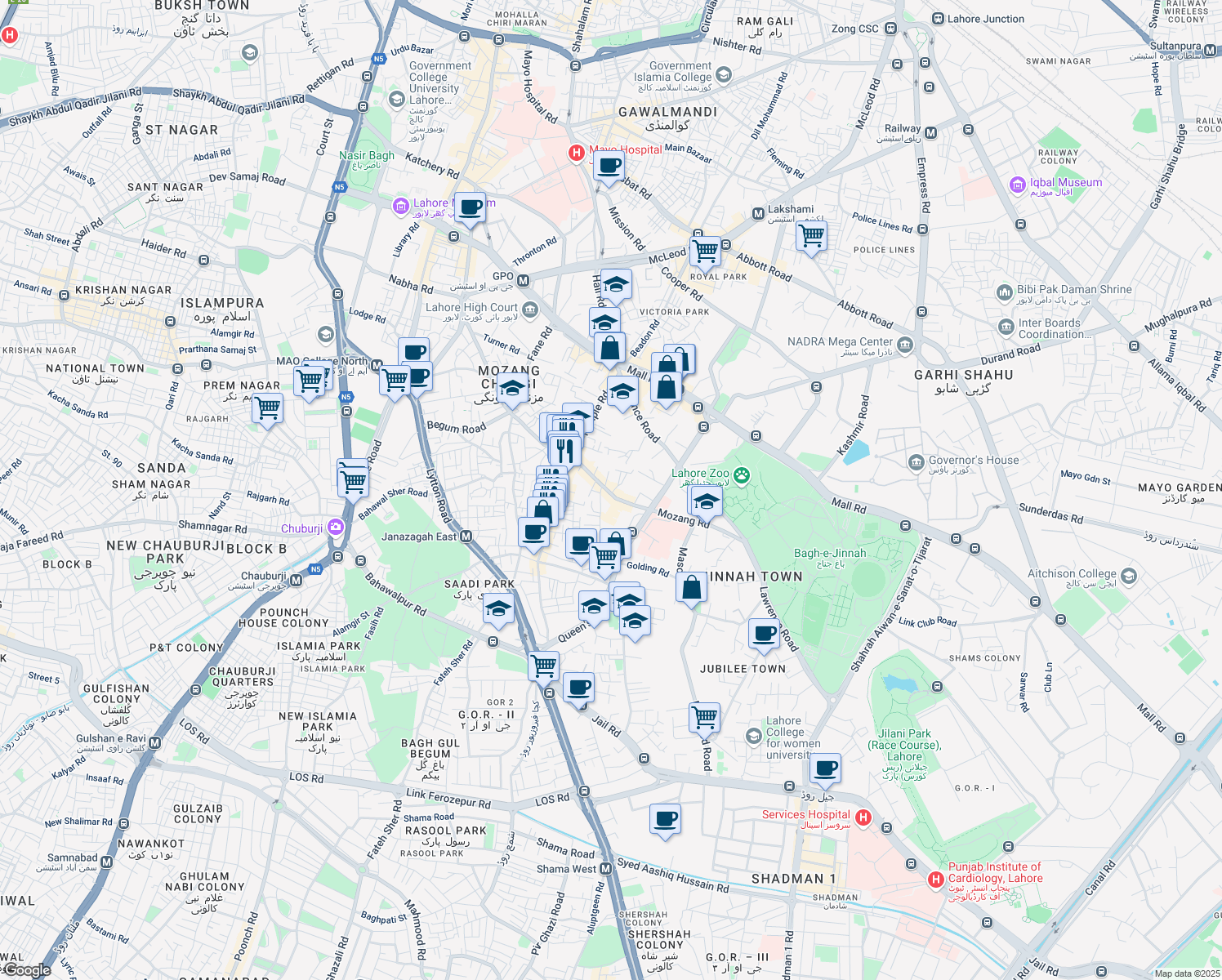map of restaurants, bars, coffee shops, grocery stores, and more near 45 Mozang Road in Lahore