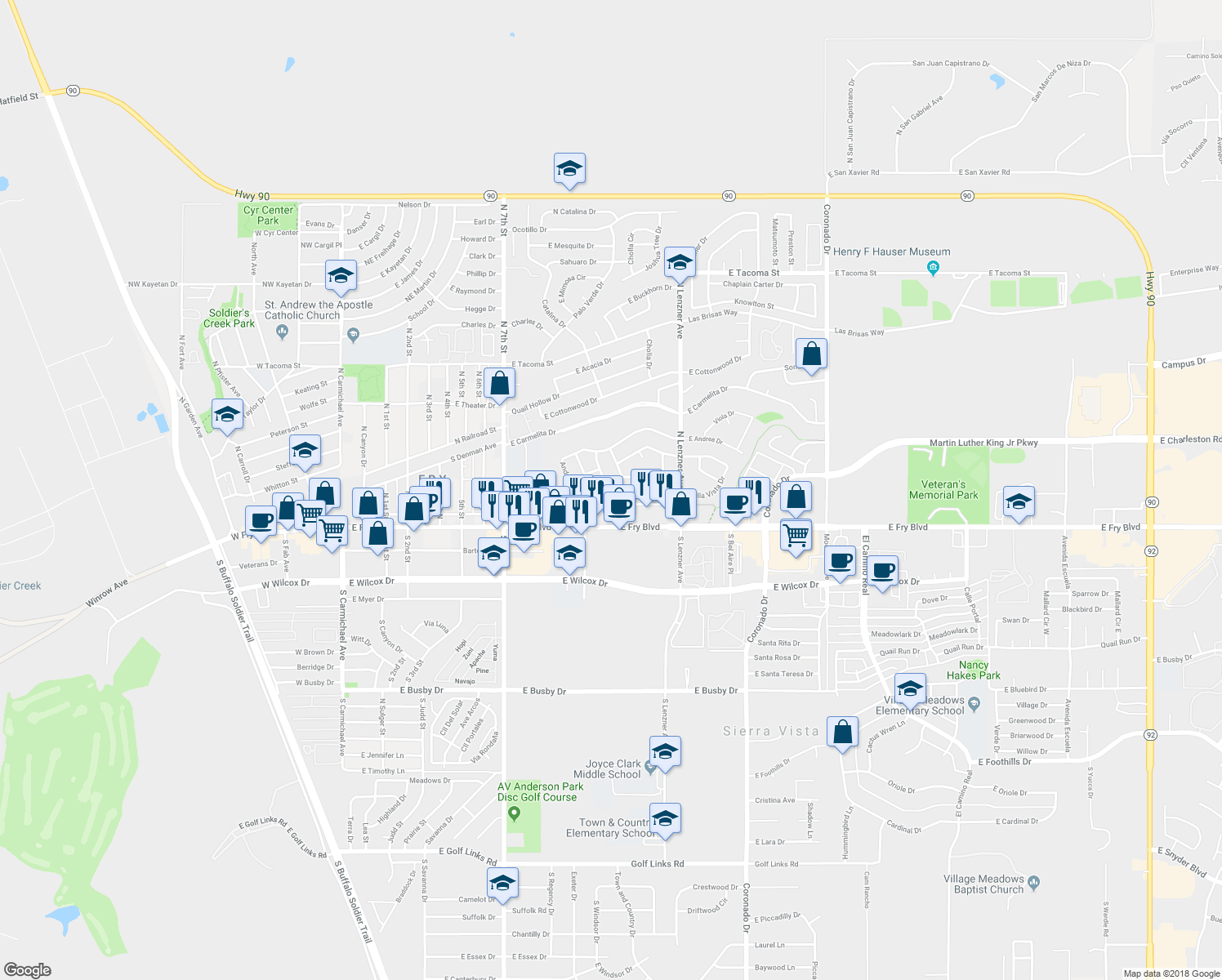 map of restaurants, bars, coffee shops, grocery stores, and more near 1165 Bella Vista Drive in Sierra Vista