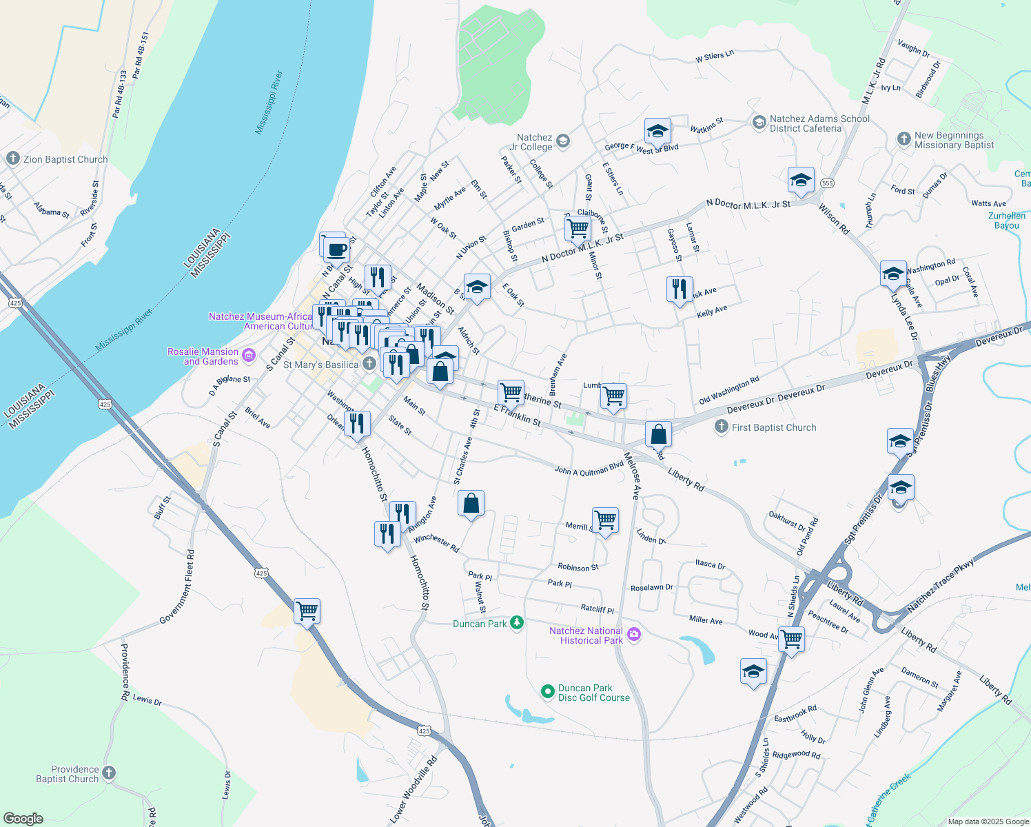 map of restaurants, bars, coffee shops, grocery stores, and more near 11 6th Street in Natchez