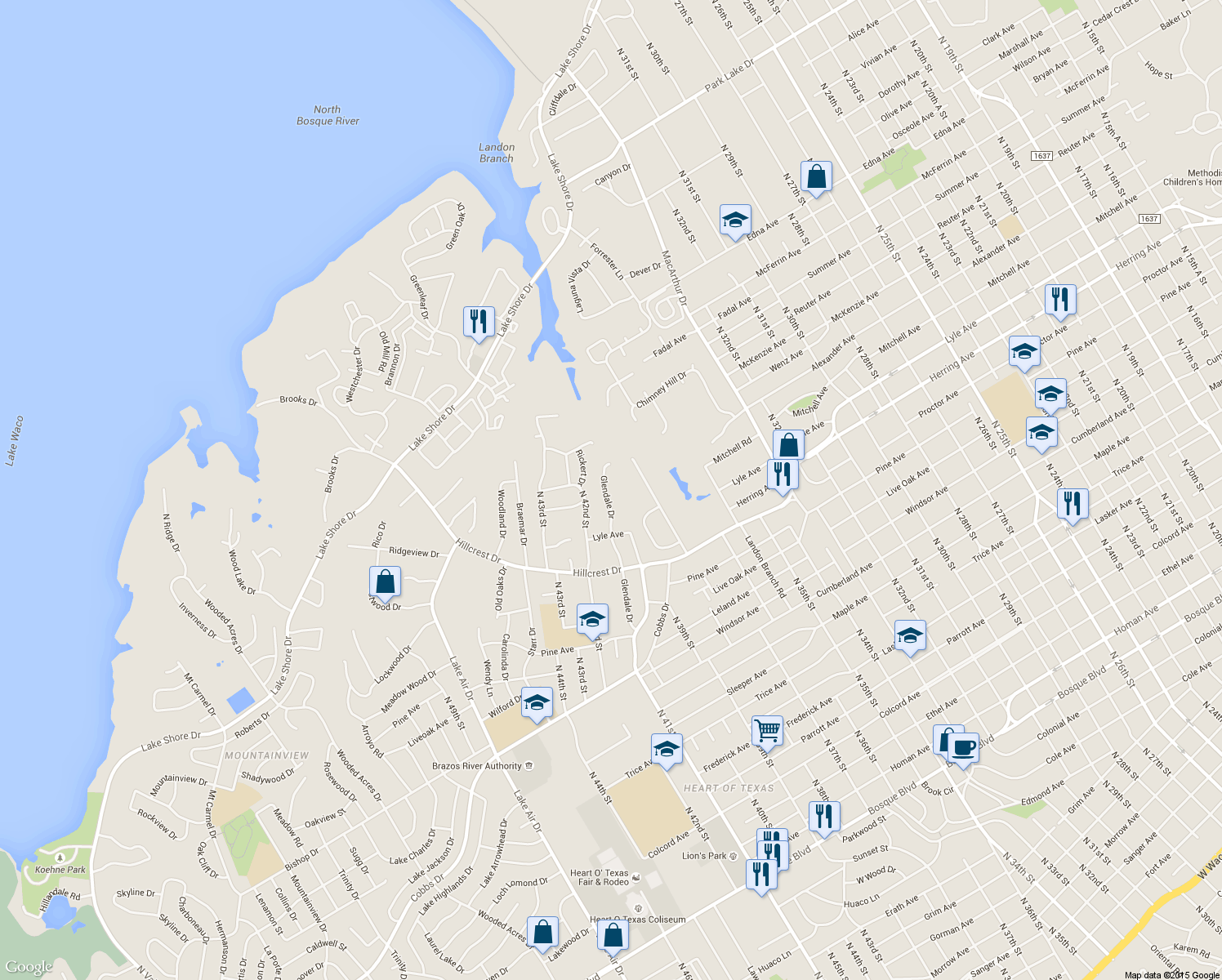 map of restaurants, bars, coffee shops, grocery stores, and more near 2707 Glendale Drive in Waco