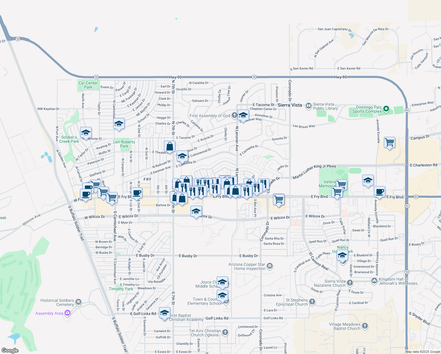 map of restaurants, bars, coffee shops, grocery stores, and more near 1317 East Sierra Drive in Sierra Vista