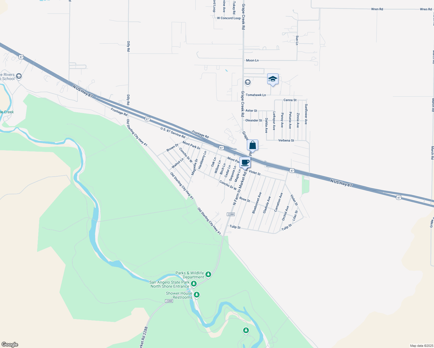 map of restaurants, bars, coffee shops, grocery stores, and more near 8066 Willow Ln in Grape Creek