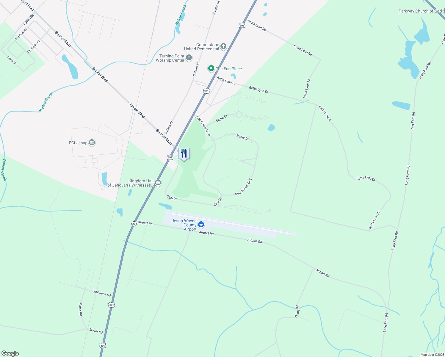 map of restaurants, bars, coffee shops, grocery stores, and more near 11 Par Drive in Jesup