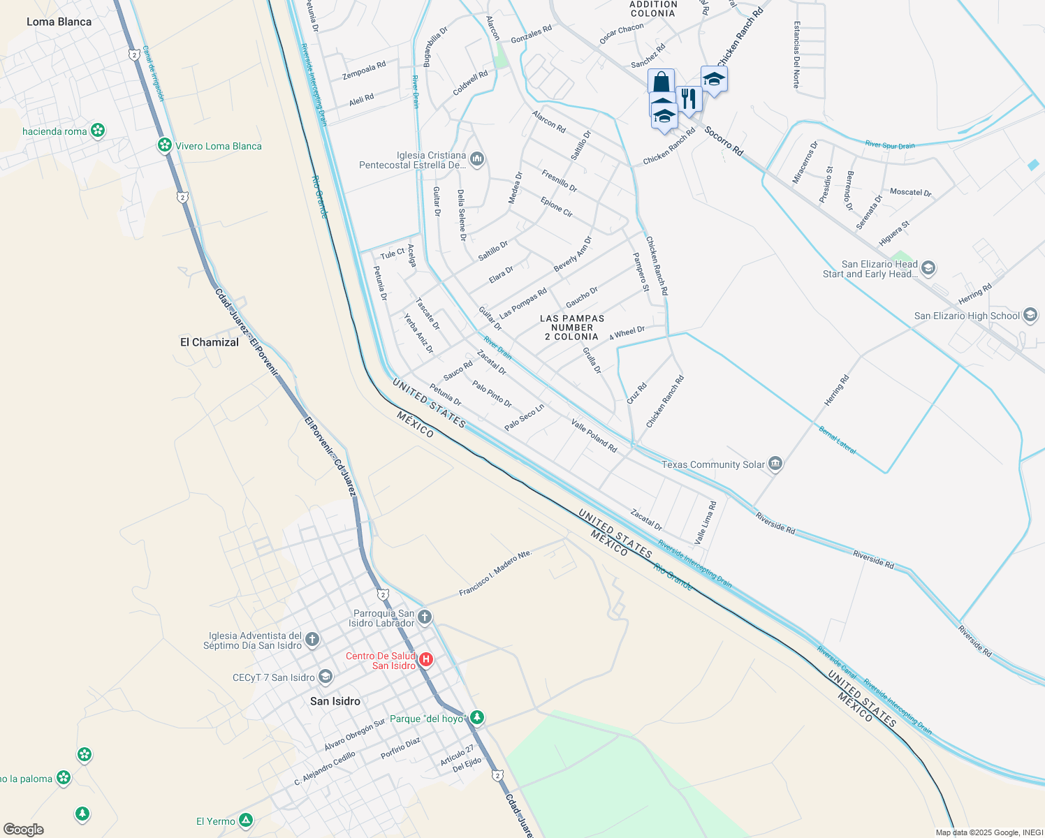 map of restaurants, bars, coffee shops, grocery stores, and more near 1430 Palo Seco Lane in San Elizario