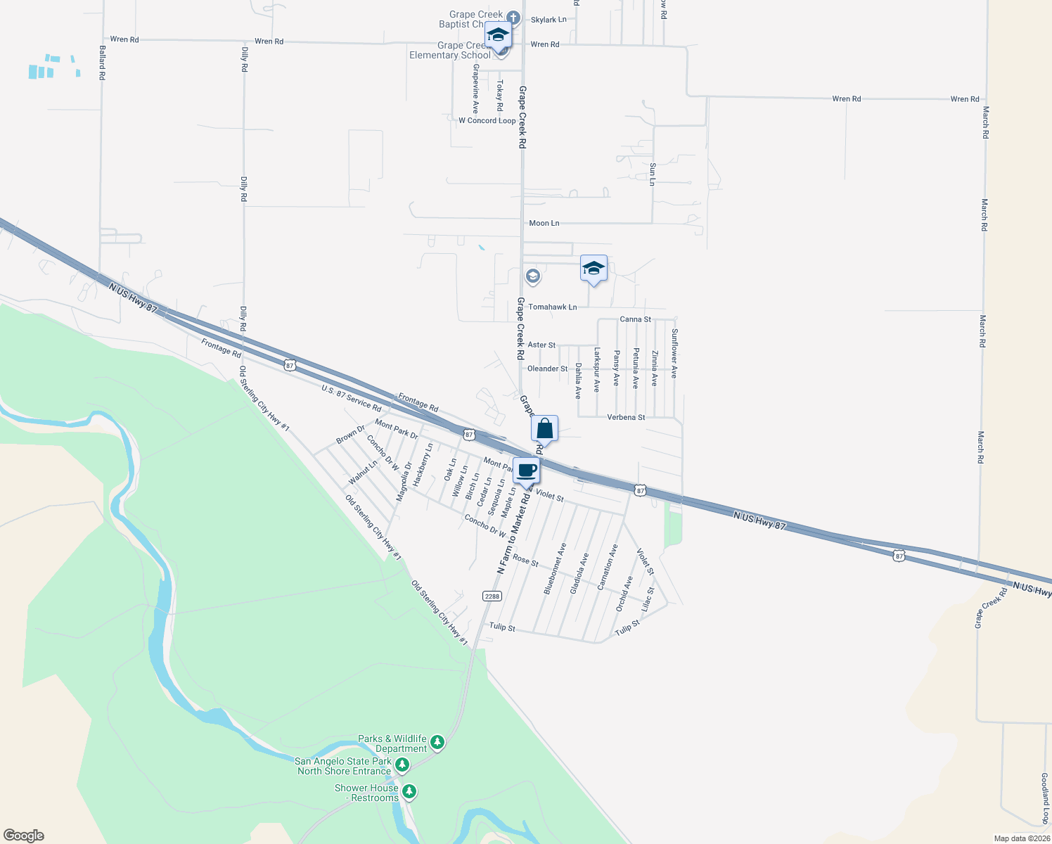 map of restaurants, bars, coffee shops, grocery stores, and more near 8379 Grape Creek Rd in Grape Creek