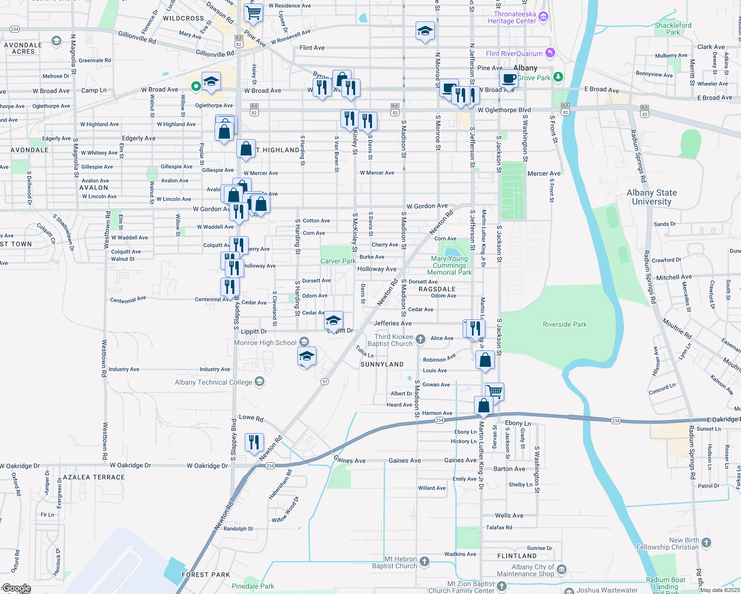 map of restaurants, bars, coffee shops, grocery stores, and more near 1317 Hampton Court in Albany