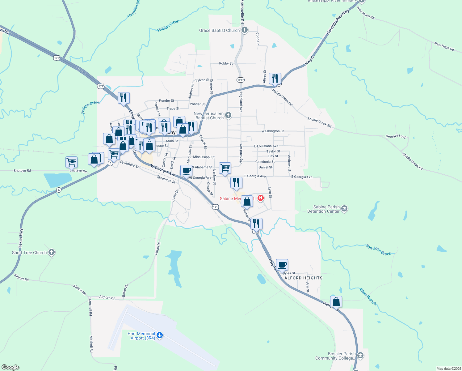 map of restaurants, bars, coffee shops, grocery stores, and more near 1398 Miller Circle Drive in Many