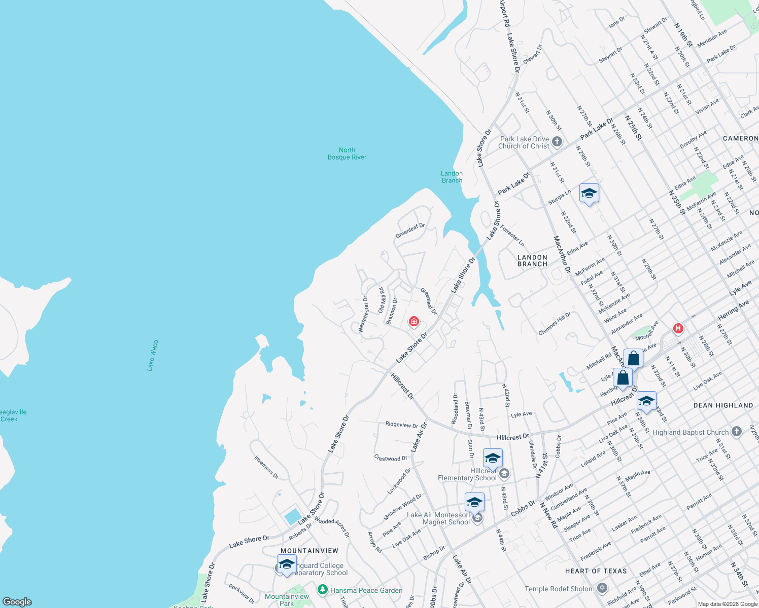 map of restaurants, bars, coffee shops, grocery stores, and more near 4001 Old Mill Rd in Waco