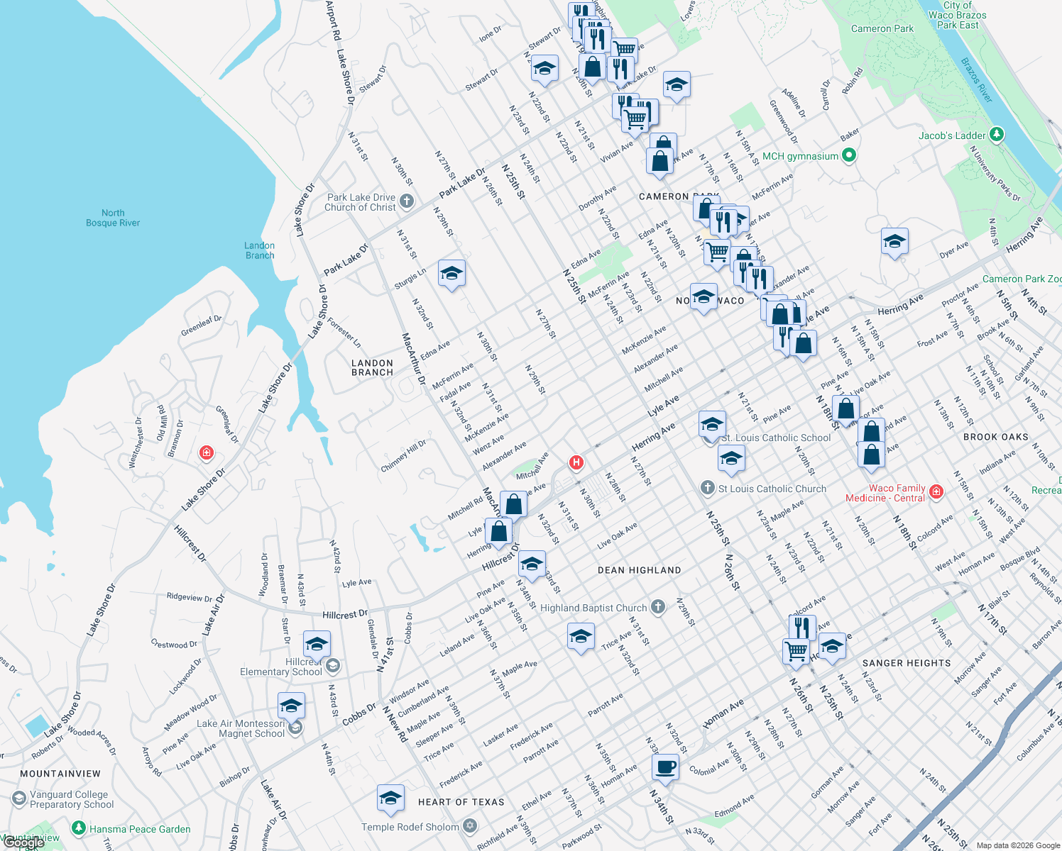 map of restaurants, bars, coffee shops, grocery stores, and more near 3000 Wenz Avenue in Waco