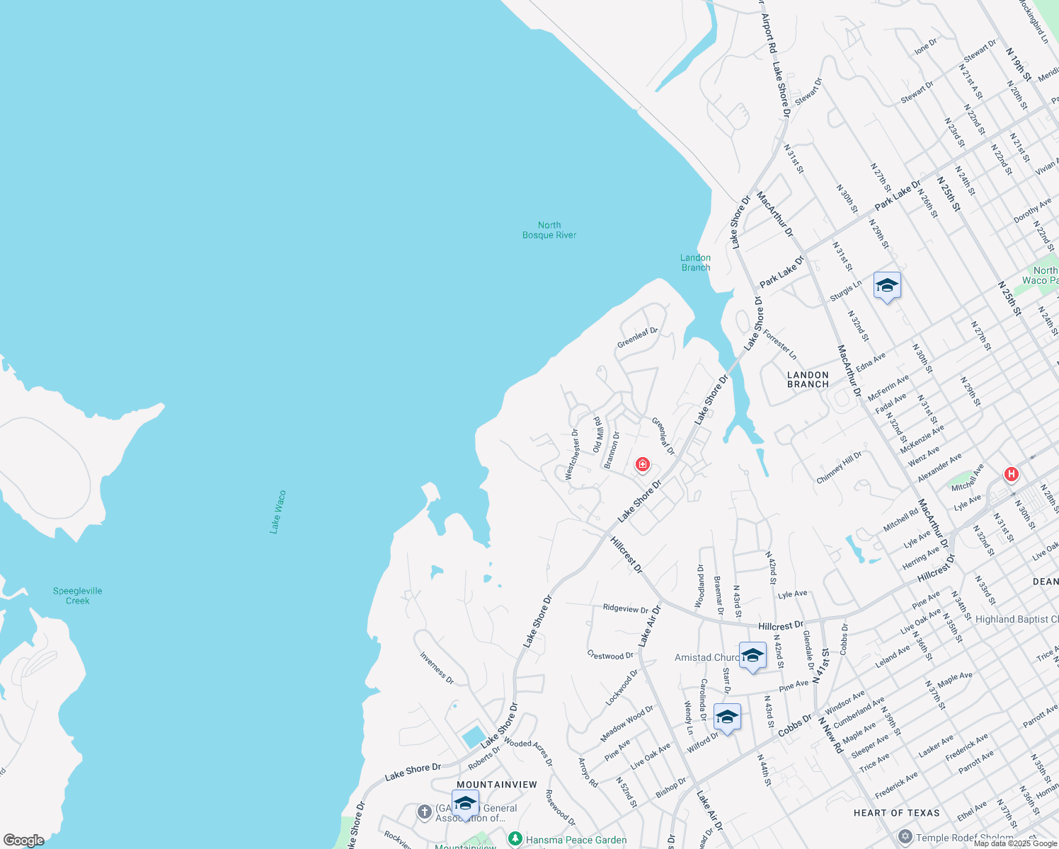 map of restaurants, bars, coffee shops, grocery stores, and more near 5305 Hillcrest Drive in Waco