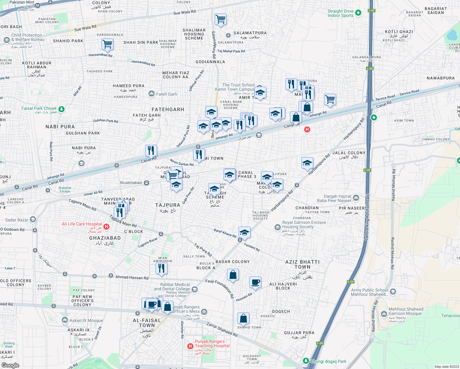map of restaurants, bars, coffee shops, grocery stores, and more near 3 Canal Bank Road in Lahore