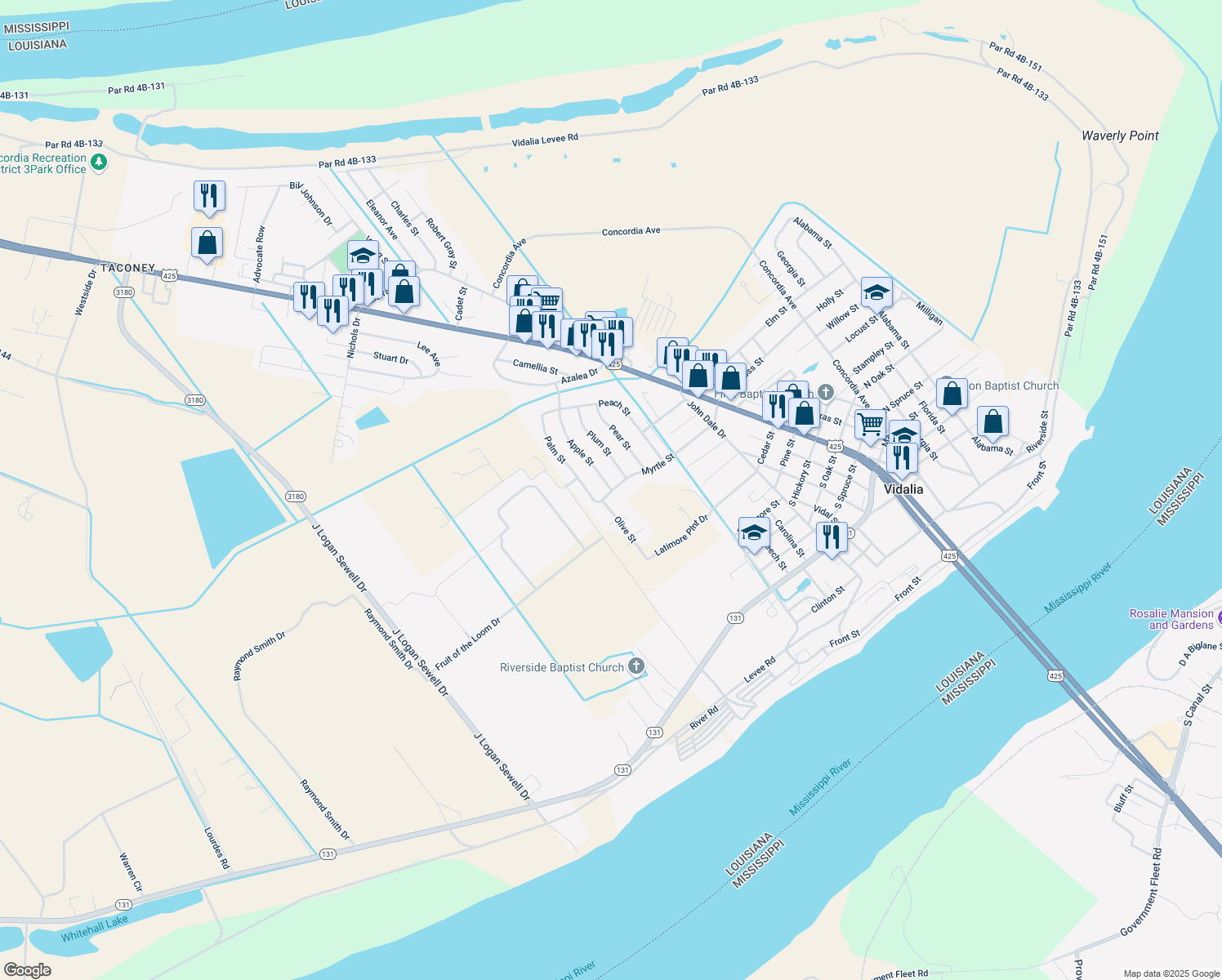 map of restaurants, bars, coffee shops, grocery stores, and more near 1231 Apple St in Vidalia
