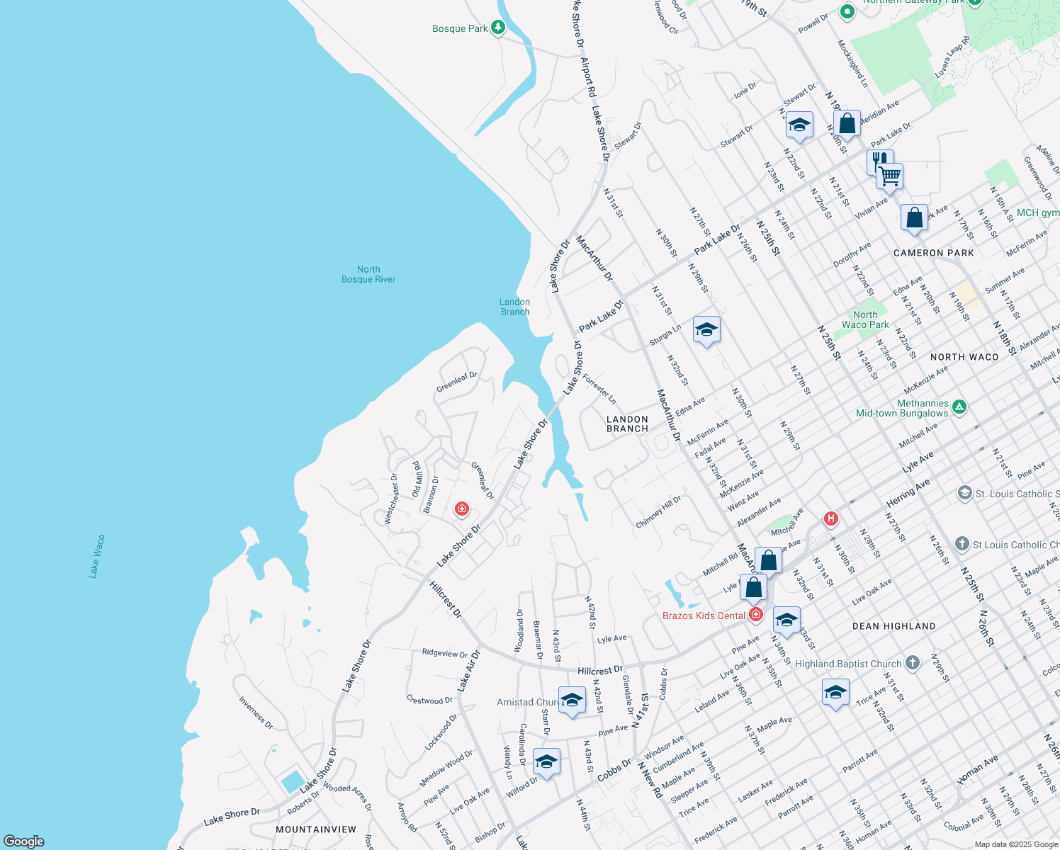 map of restaurants, bars, coffee shops, grocery stores, and more near 4605 Village Oak Drive in Waco
