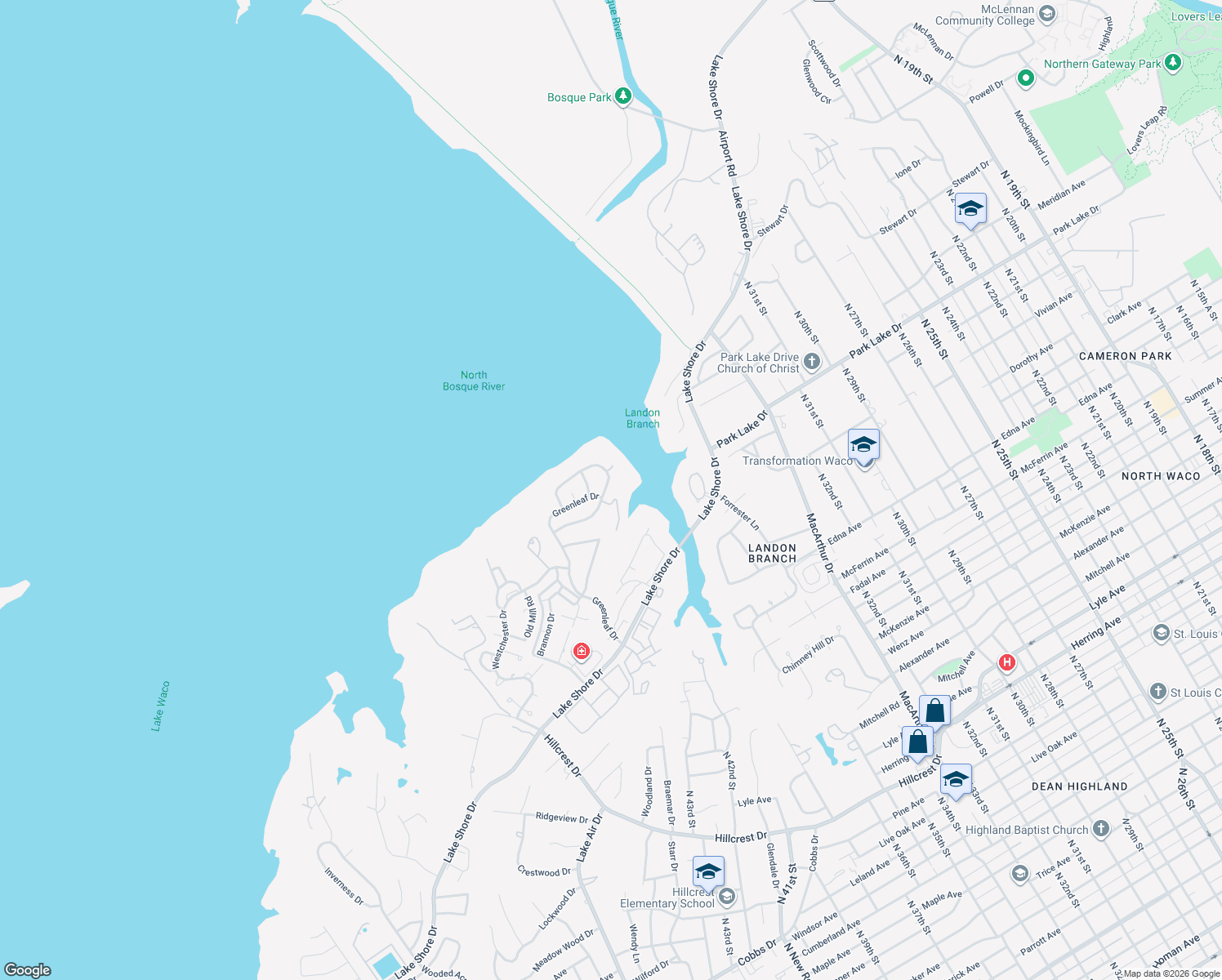 map of restaurants, bars, coffee shops, grocery stores, and more near 4142 Green Oak Drive in Waco