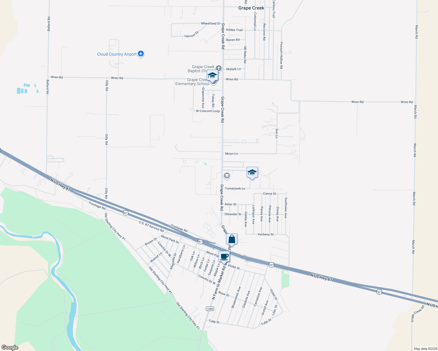 map of restaurants, bars, coffee shops, grocery stores, and more near 8849 Grape Creek Rd in San Angelo