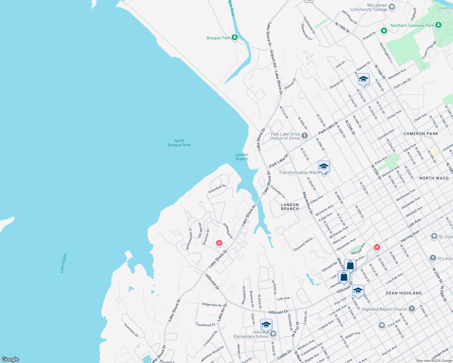 map of restaurants, bars, coffee shops, grocery stores, and more near 4142 Green Oak Drive in Waco