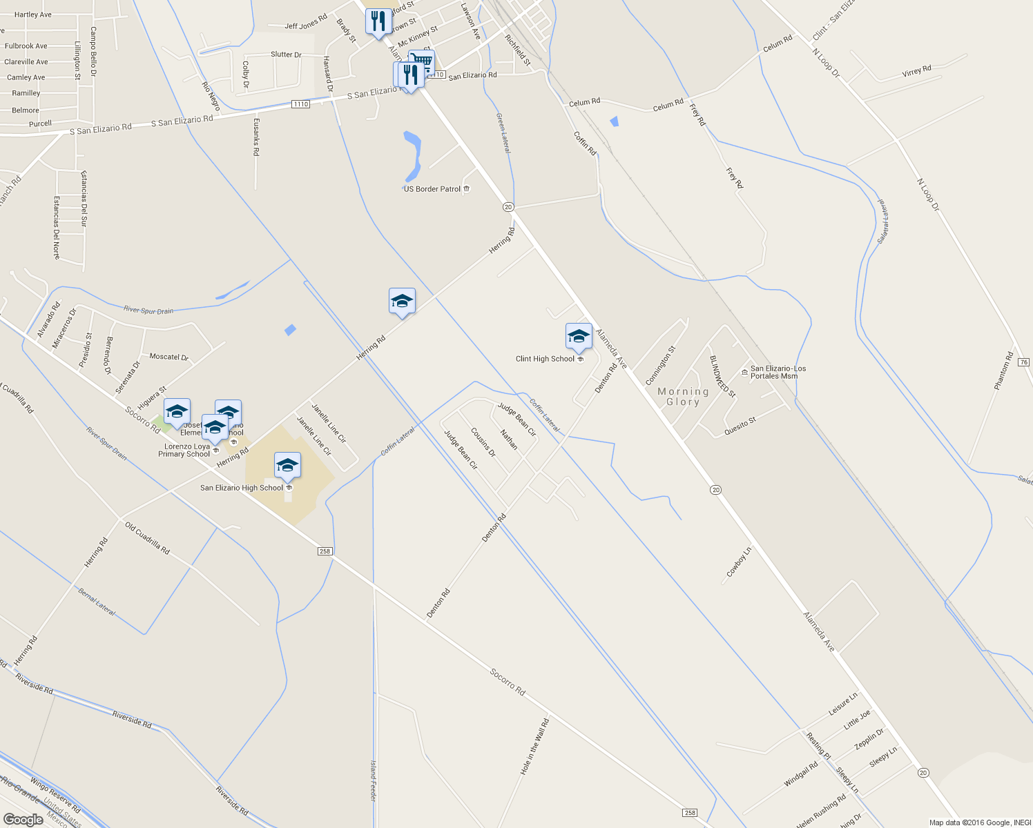 map of restaurants, bars, coffee shops, grocery stores, and more near 453 Judge Bean Circle in Clint