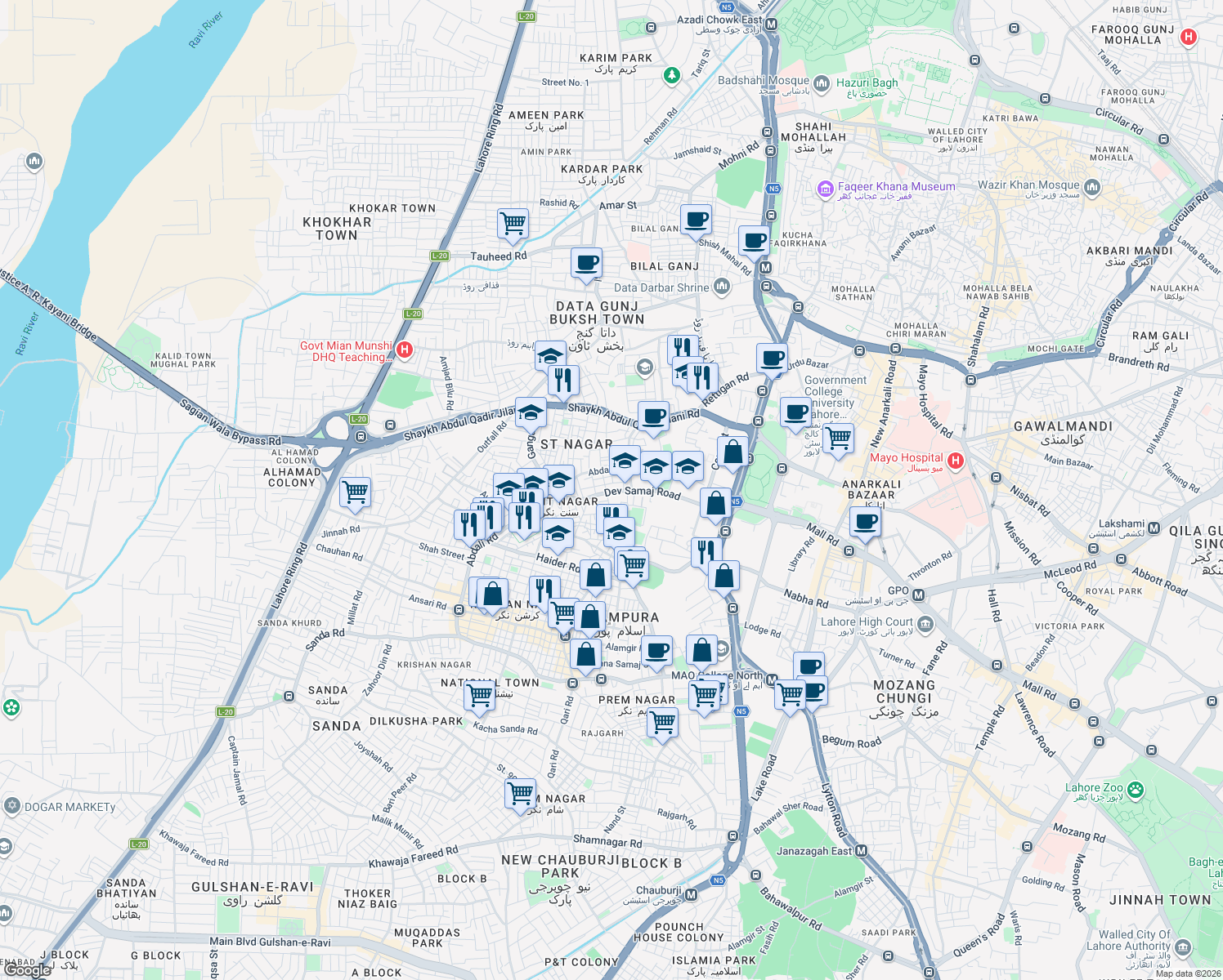 map of restaurants, bars, coffee shops, grocery stores, and more near 38 Dev Samaj Road in Lahore