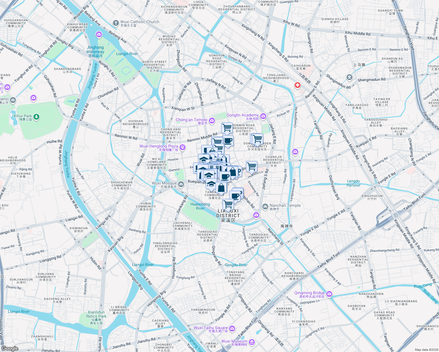 map of restaurants, bars, coffee shops, grocery stores, and more near 2 Xueqian Street in Wu Xi Shi