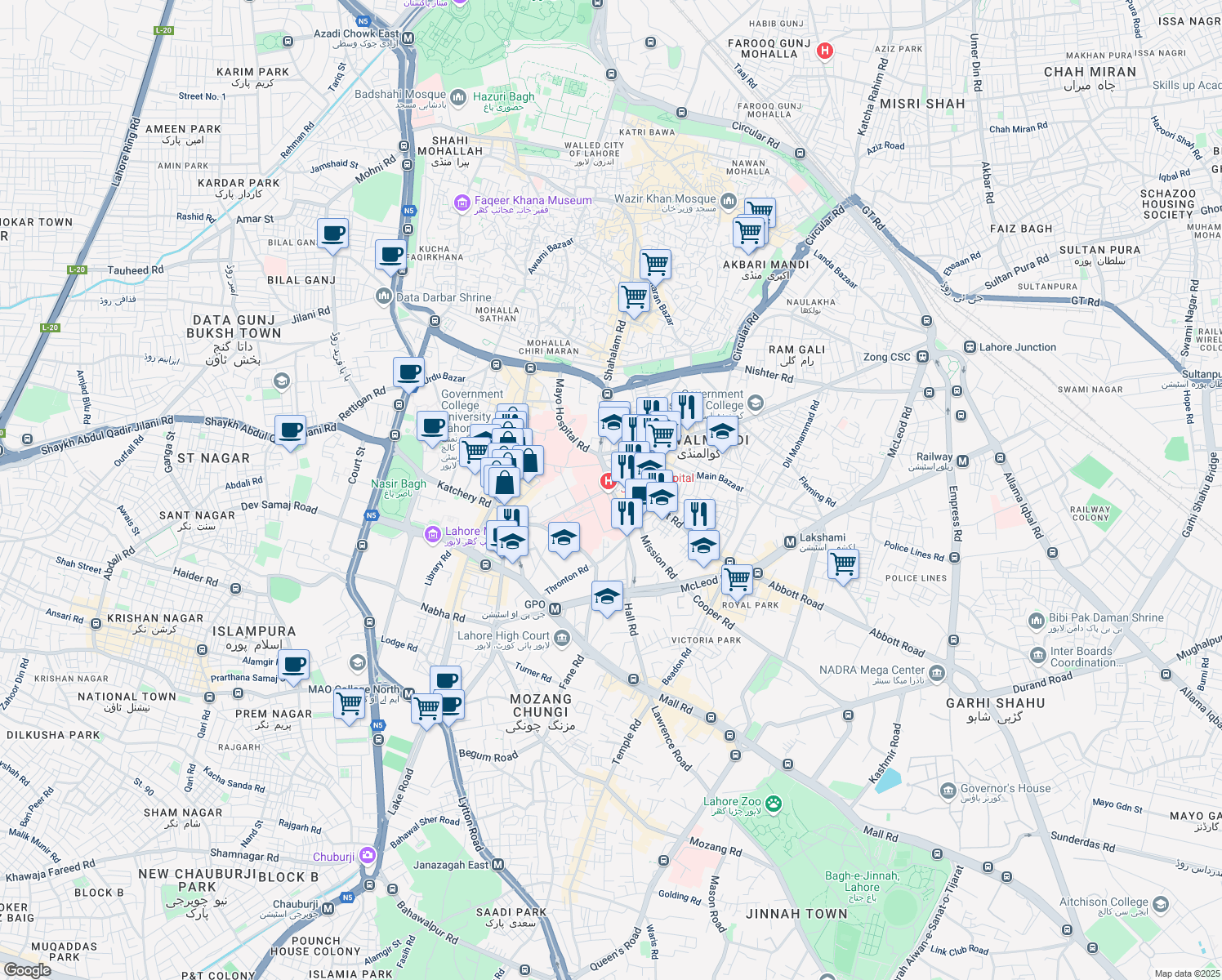 map of restaurants, bars, coffee shops, grocery stores, and more near Mayo Hospital Road in Lahore