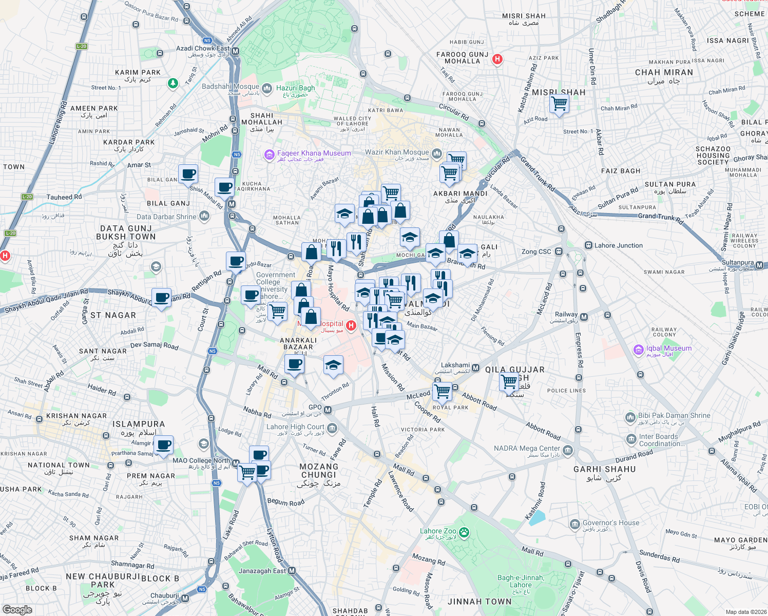 map of restaurants, bars, coffee shops, grocery stores, and more near Chamberlain Road in Lahore